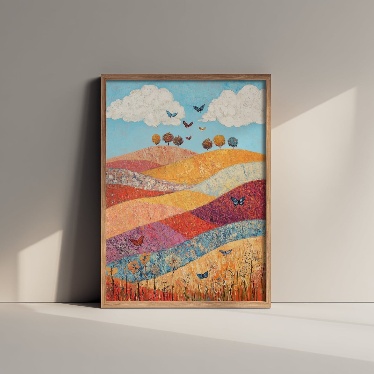 Rolling Hills Landscape Art Print - Butterfly Meadow Poster - Folk Art Painting - Sangria Azure and Cream 1/3