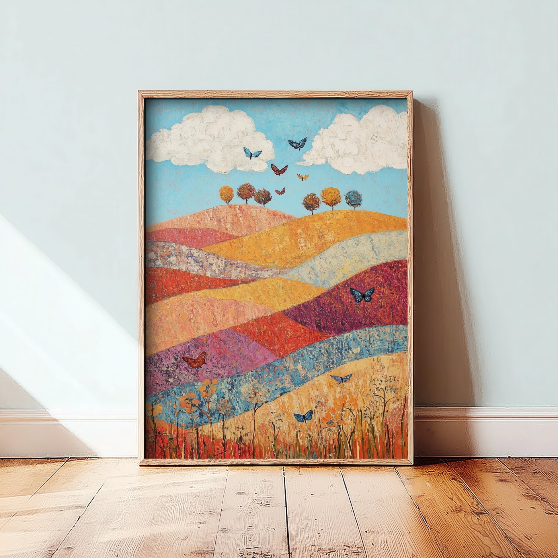Rolling Hills Landscape Art Print - Butterfly Meadow Poster - Folk Art Painting - Sangria Azure and Cream 1/3