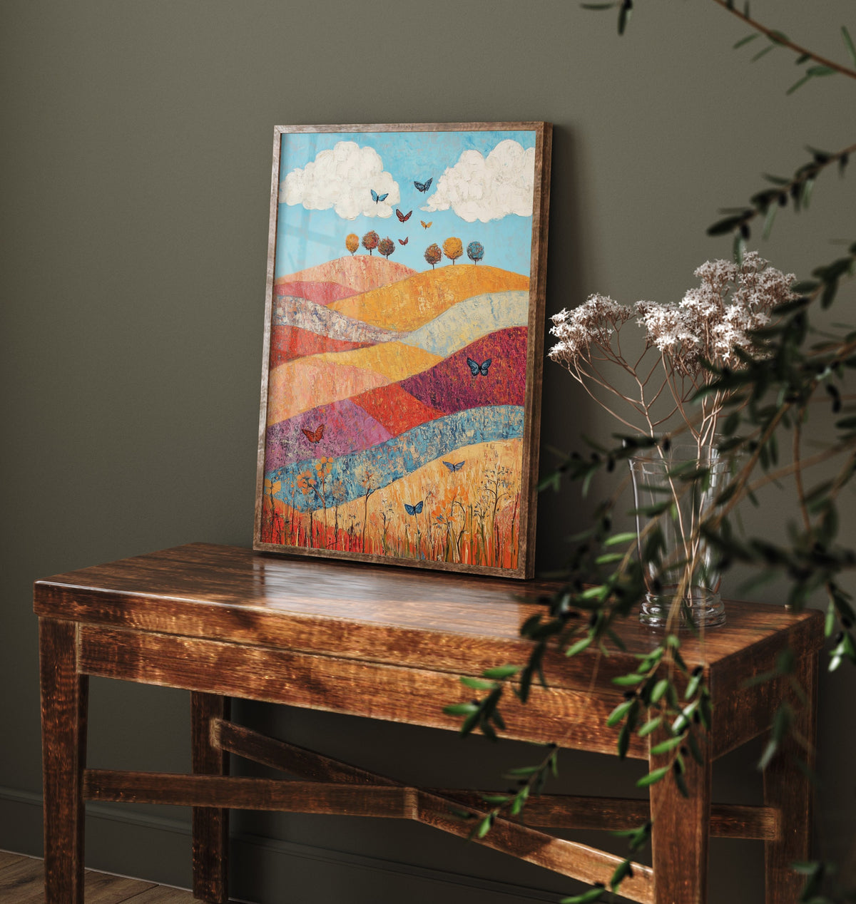 Rolling Hills Landscape Art Print - Butterfly Meadow Poster - Folk Art Painting - Sangria Azure and Cream 1/3