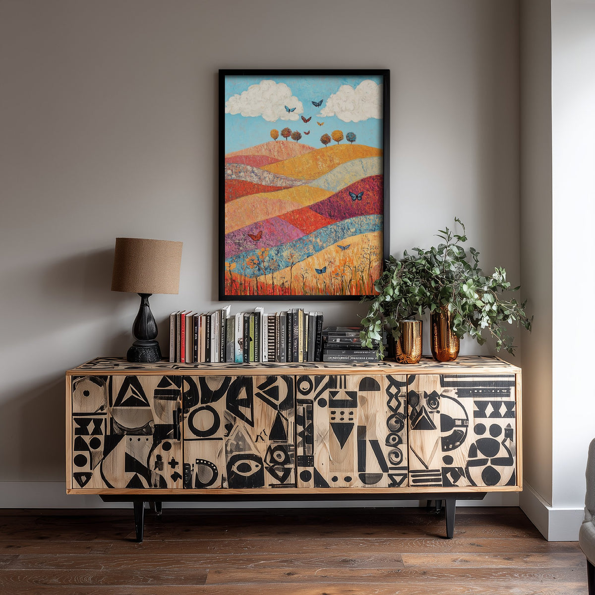 Rolling Hills Landscape Art Print - Butterfly Meadow Poster - Folk Art Painting - Sangria Azure and Cream 1/3