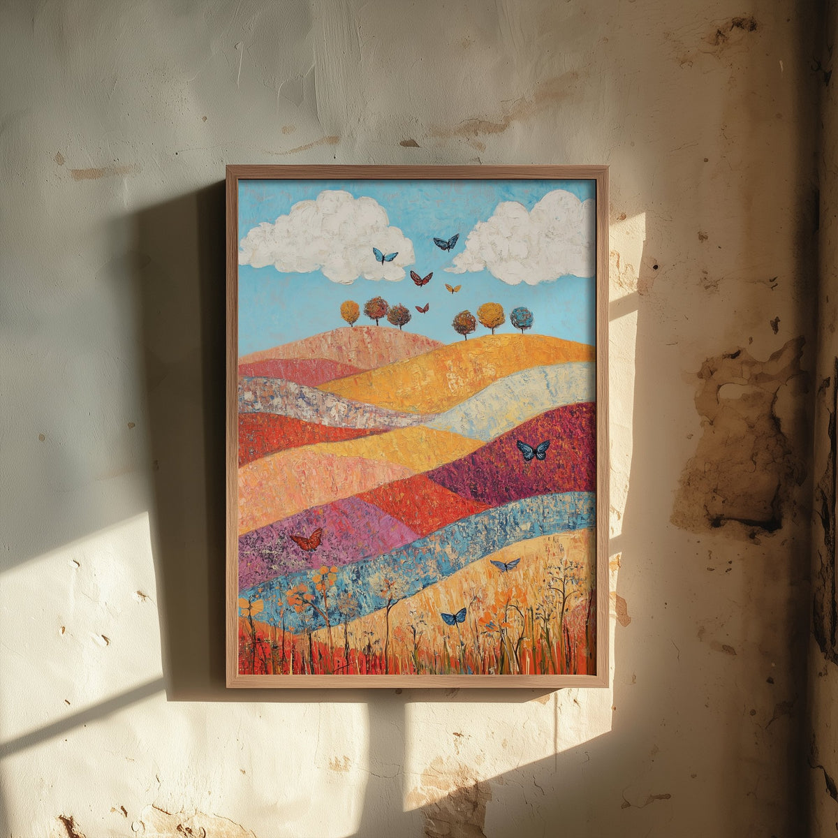 Rolling Hills Landscape Art Print - Butterfly Meadow Poster - Folk Art Painting - Sangria Azure and Cream 1/3