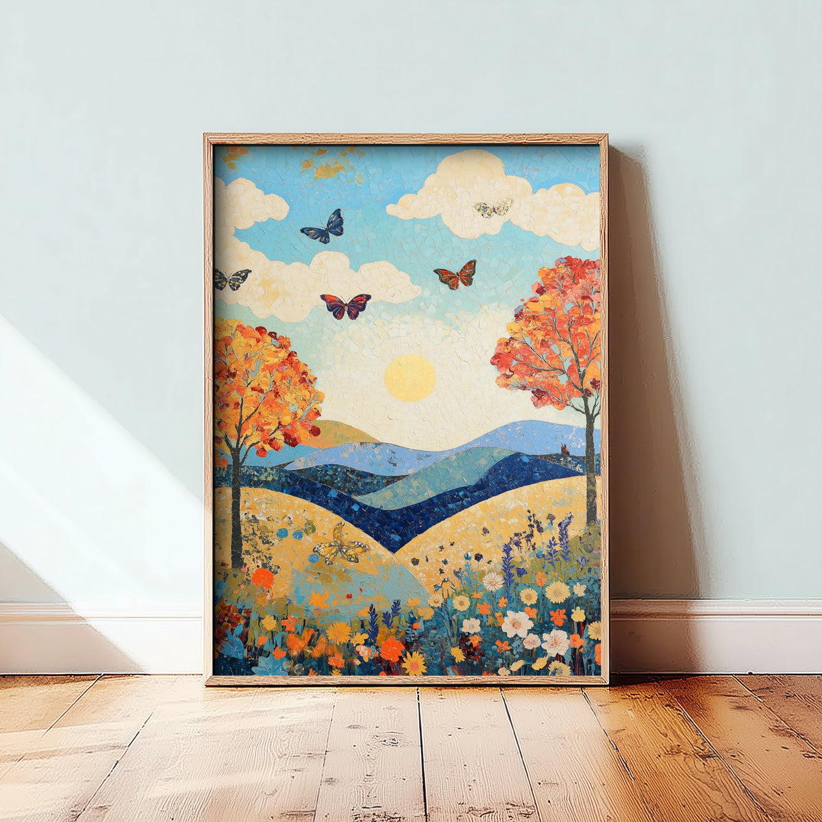Rolling Hills Landscape Art Print - Butterfly Meadow Poster - Folk Art Painting - Sangria Azure and Cream 2/3