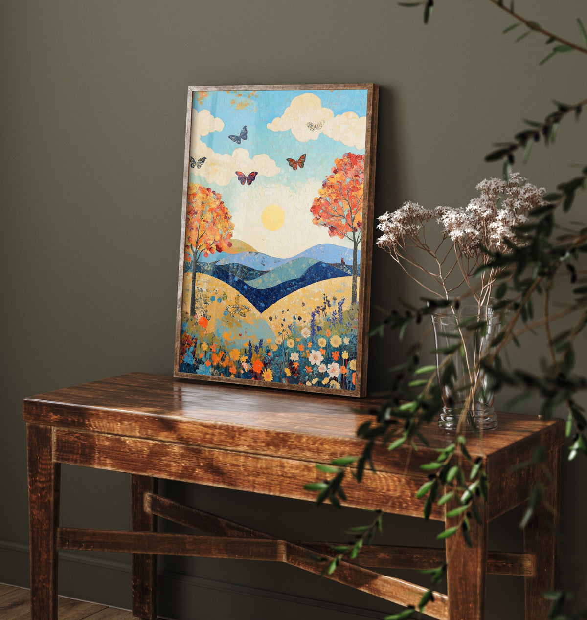 Rolling Hills Landscape Art Print - Butterfly Meadow Poster - Folk Art Painting - Sangria Azure and Cream 2/3