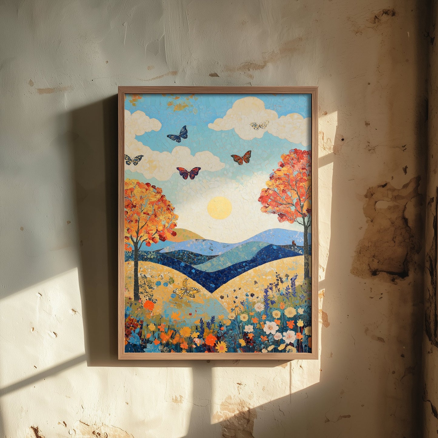 Rolling Hills Landscape Art Print - Butterfly Meadow Poster - Folk Art Painting - Sangria Azure and Cream 2/3