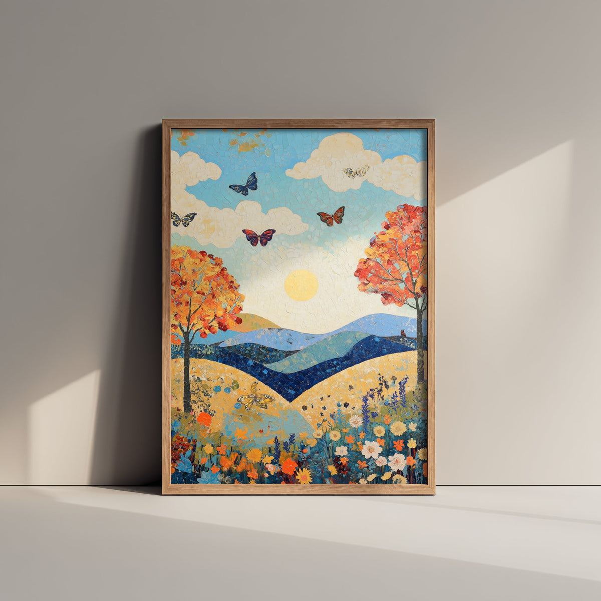 Rolling Hills Landscape Art Print - Butterfly Meadow Poster - Folk Art Painting - Sangria Azure and Cream 2/3