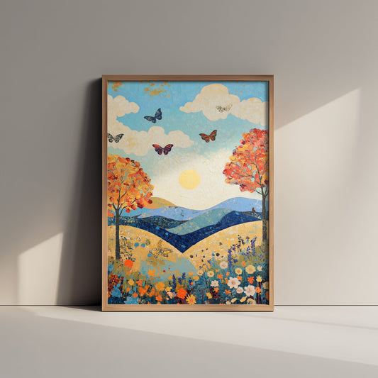 Rolling Hills Landscape Art Print - Butterfly Meadow Poster - Folk Art Painting - Sangria Azure and Cream 2/3