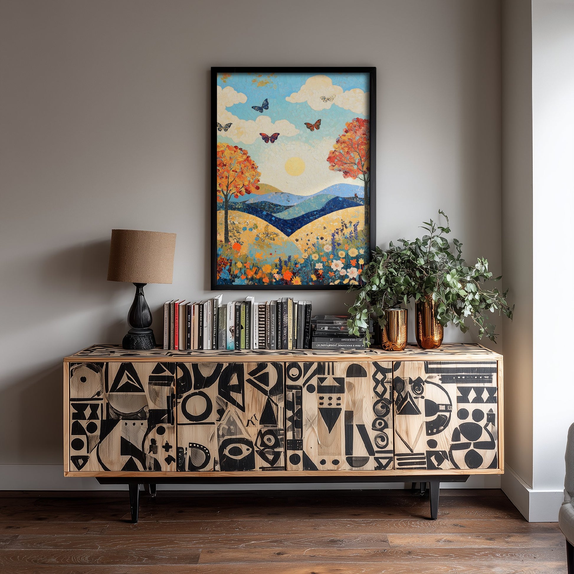 Rolling Hills Landscape Art Print - Butterfly Meadow Poster - Folk Art Painting - Sangria Azure and Cream 2/3