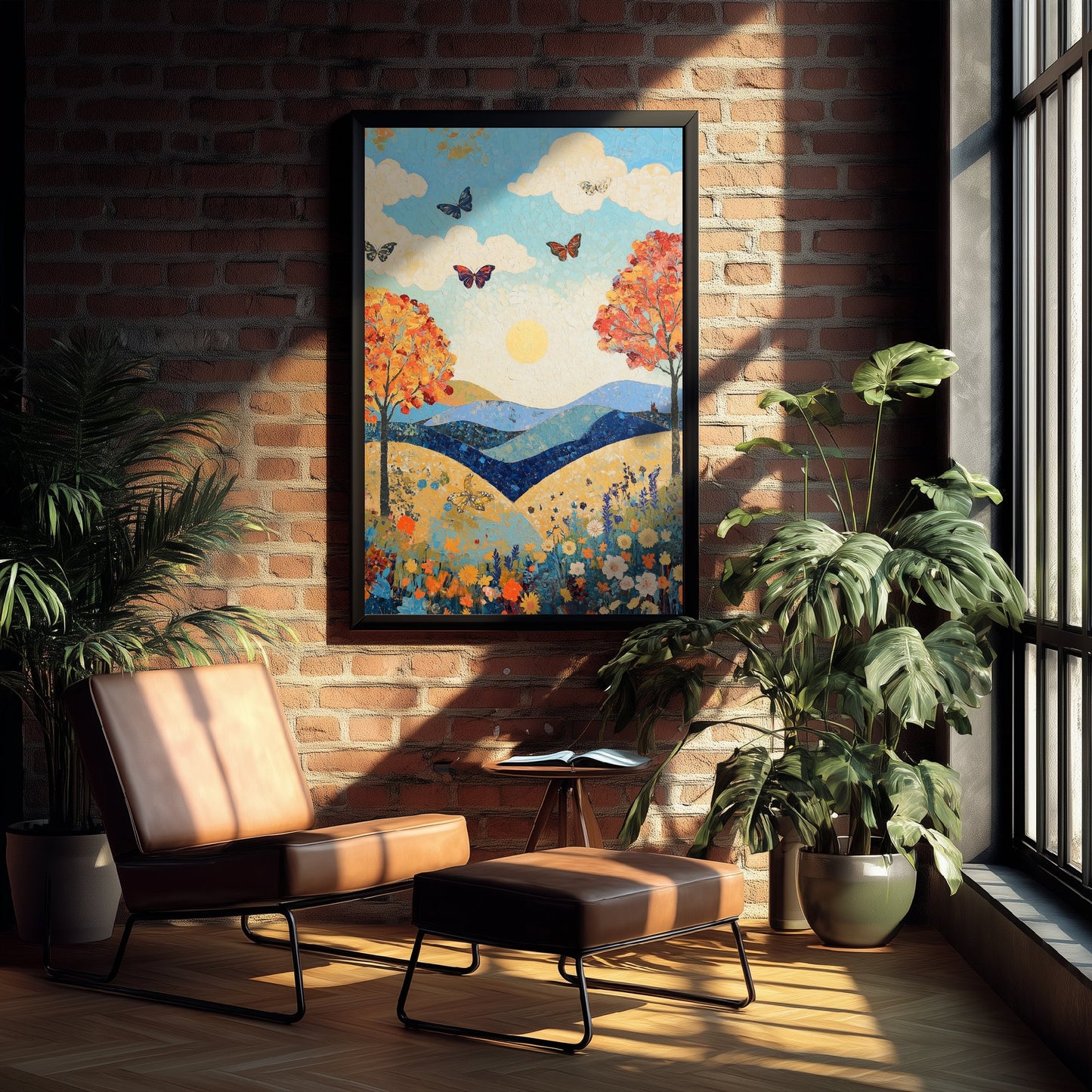 Rolling Hills Landscape Art Print - Butterfly Meadow Poster - Folk Art Painting - Sangria Azure and Cream 2/3