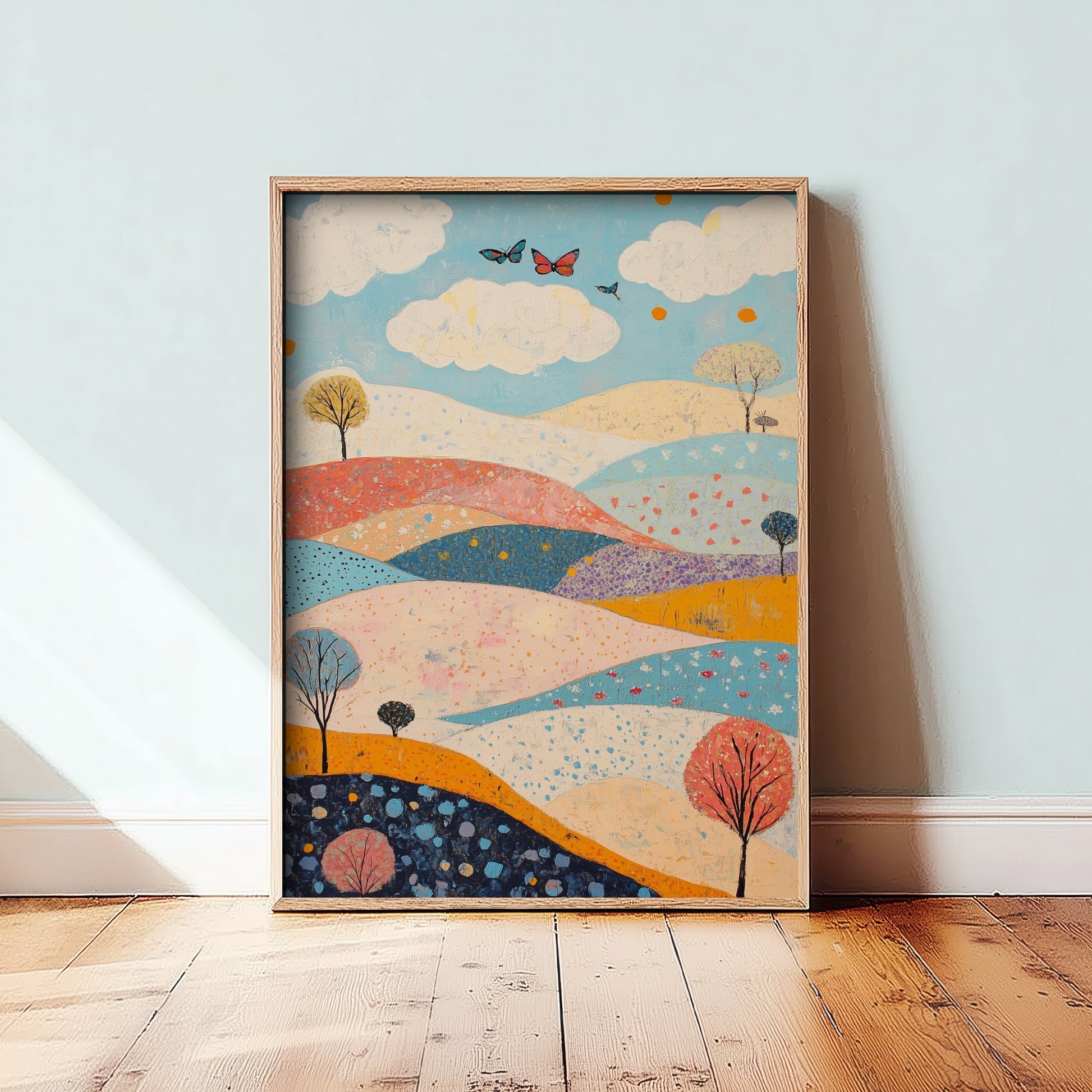 Rolling Hills Landscape Art Print - Butterfly Meadow Poster - Folk Art Painting - Sangria Azure and Cream 3/3