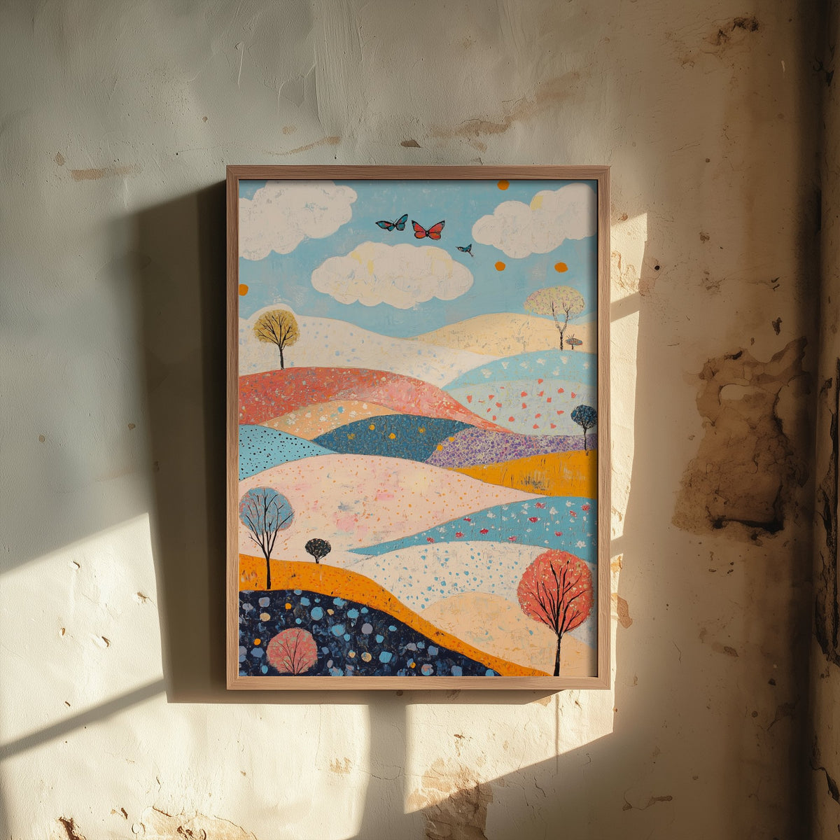 Rolling Hills Landscape Art Print - Butterfly Meadow Poster - Folk Art Painting - Sangria Azure and Cream 3/3