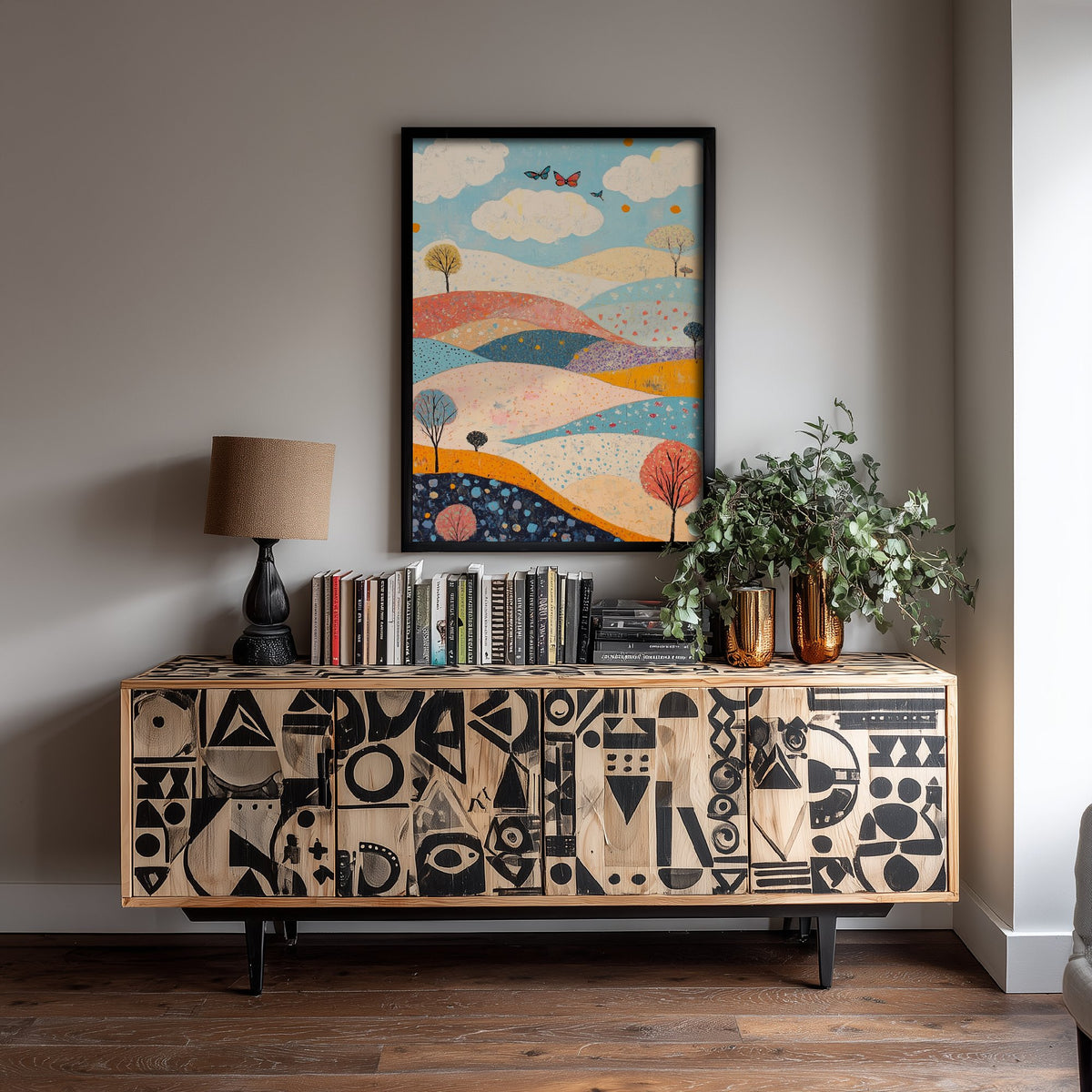Rolling Hills Landscape Art Print - Butterfly Meadow Poster - Folk Art Painting - Sangria Azure and Cream 3/3