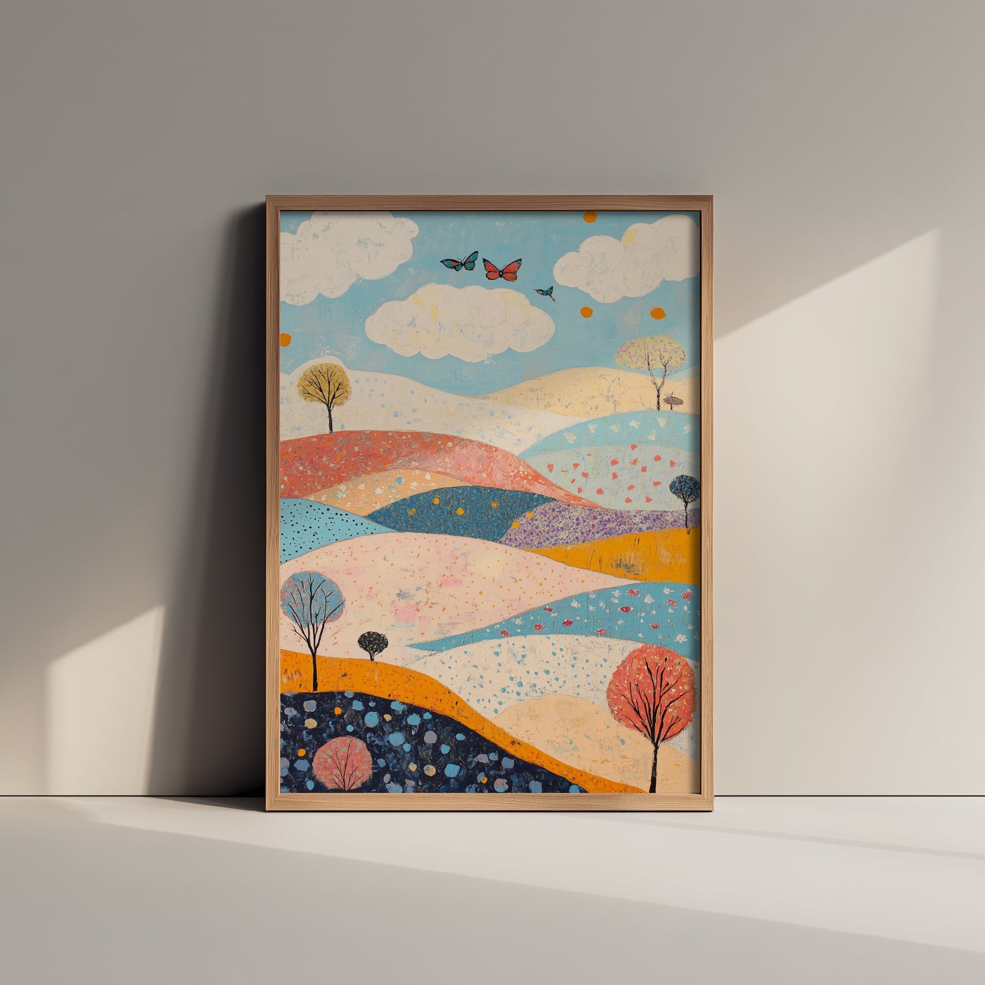 Rolling Hills Landscape Art Print - Butterfly Meadow Poster - Folk Art Painting - Sangria Azure and Cream 3/3