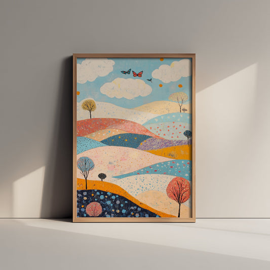 Rolling Hills Landscape Art Print - Butterfly Meadow Poster - Folk Art Painting - Sangria Azure and Cream 3/3