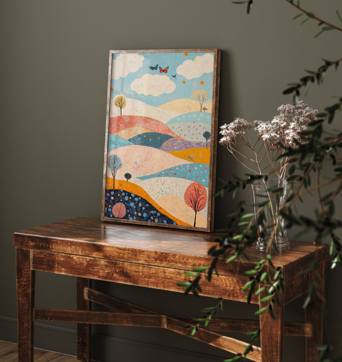 Rolling Hills Landscape Art Print - Butterfly Meadow Poster - Folk Art Painting - Sangria Azure and Cream 3/3