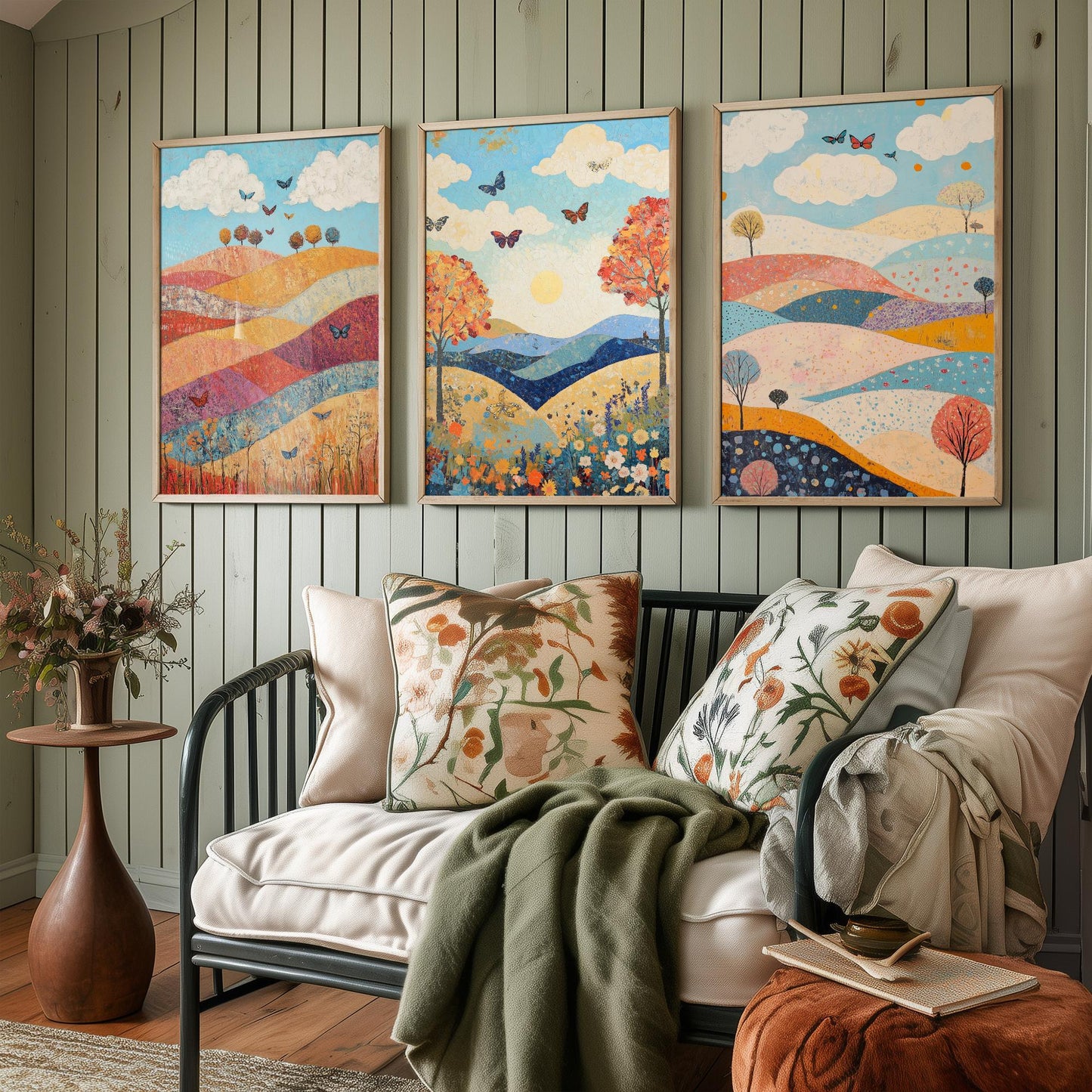 Rolling Hills Butterfly Set of Three Art Prints - Sangria Azure and Cream - Folk Meadow Poster Illustration Gift