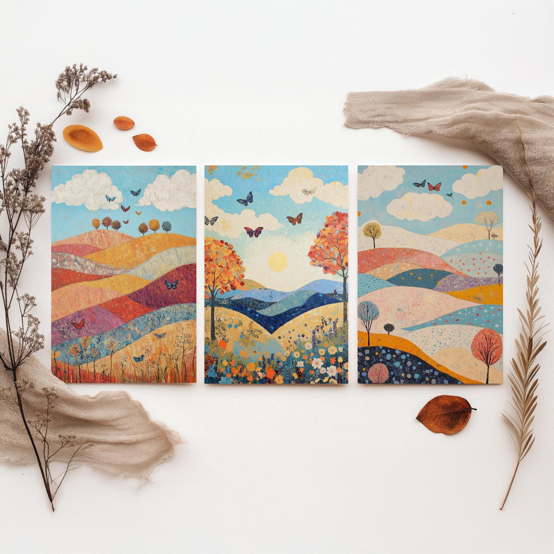 Rolling Hills Butterfly Set of Three Art Prints - Sangria Azure and Cream - Folk Meadow Poster Illustration Gift
