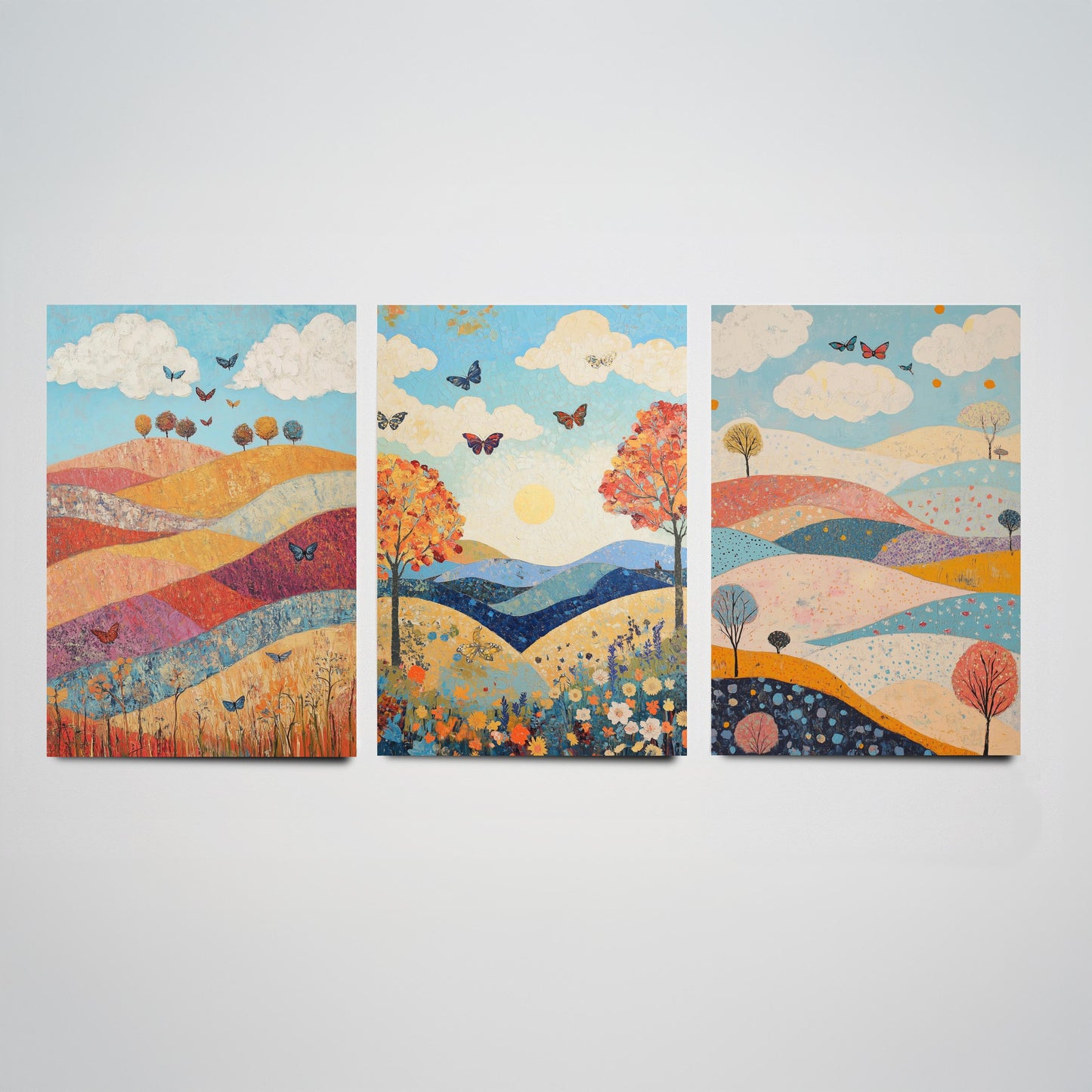 Rolling Hills Butterfly Set of Three Art Prints - Sangria Azure and Cream - Folk Meadow Poster Illustration Gift