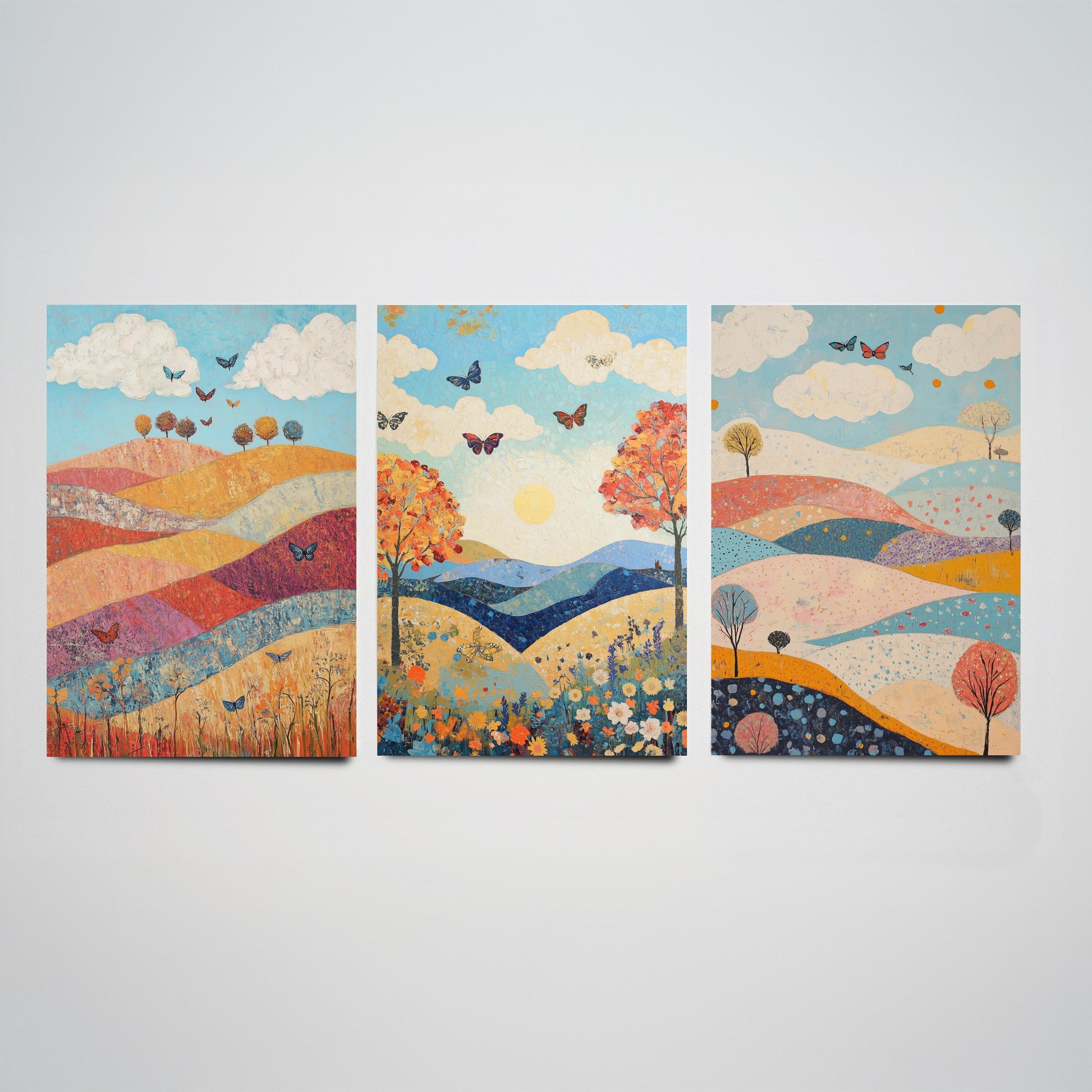 Rolling Hills Butterfly Set of Three Art Prints - Sangria Azure and Cream - Folk Meadow Poster Illustration Gift
