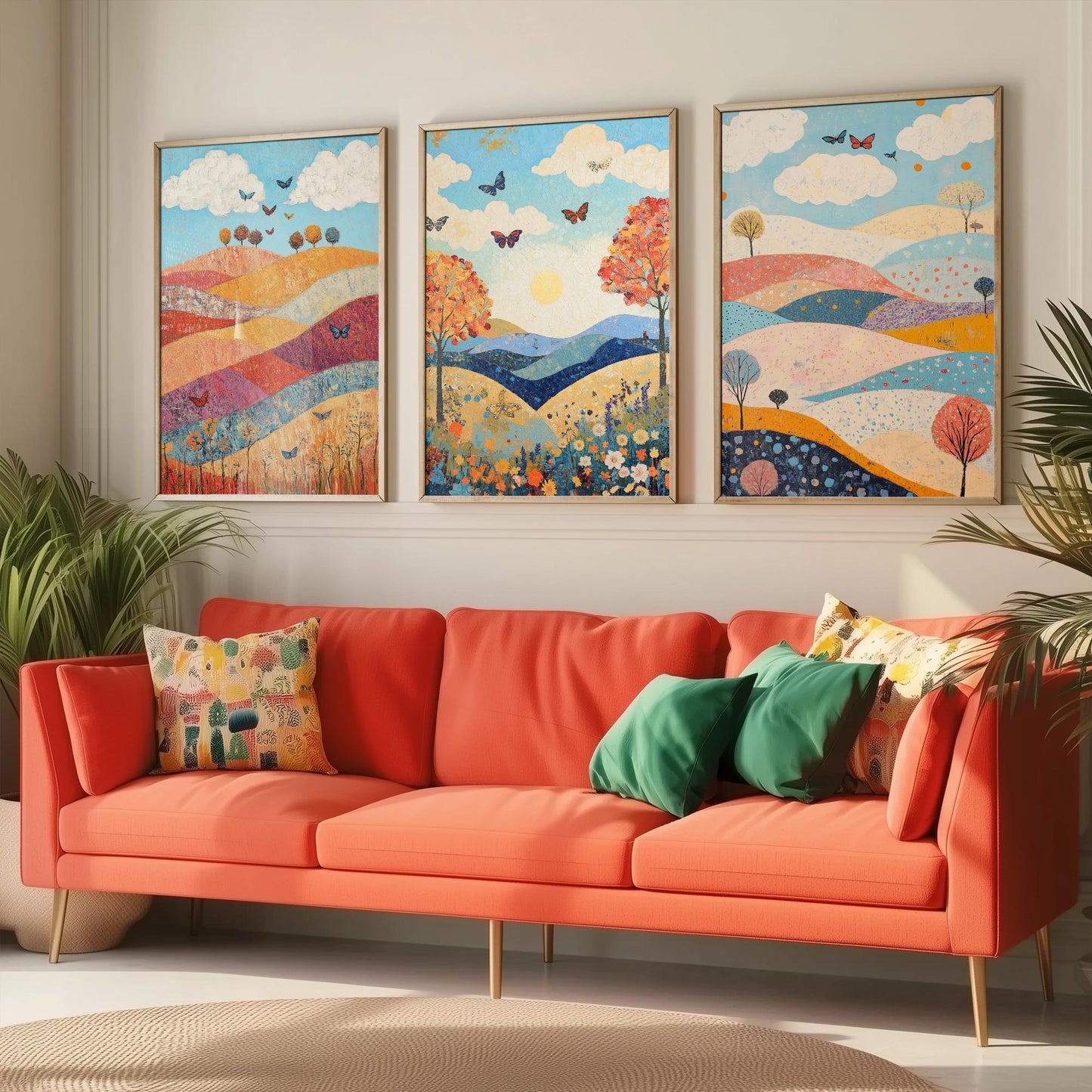 Rolling Hills Butterfly Set of Three Art Prints - Sangria Azure and Cream - Folk Meadow Poster Illustration Gift