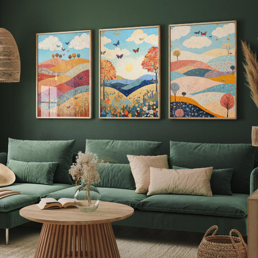 Rolling Hills Butterfly Set of Three Art Prints - Sangria Azure and Cream - Folk Meadow Poster Illustration Gift