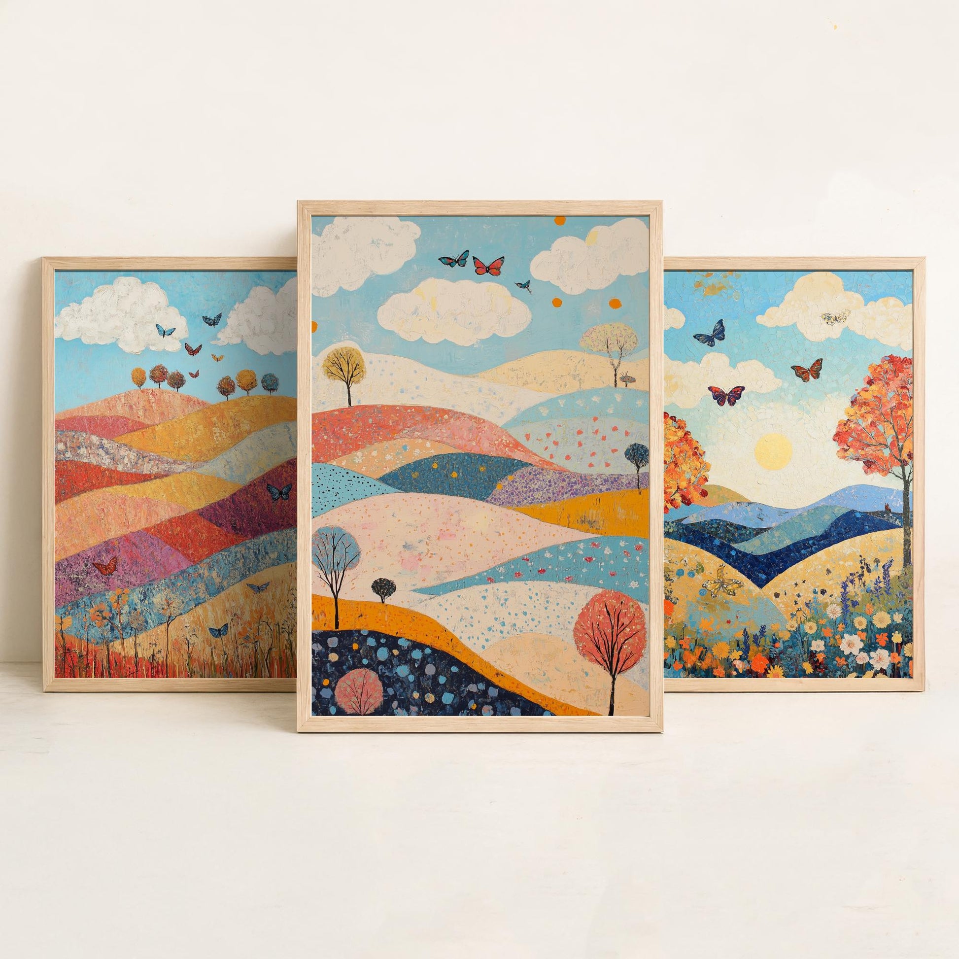 Rolling Hills Butterfly Set of Three Art Prints - Sangria Azure and Cream - Folk Meadow Poster Illustration Gift