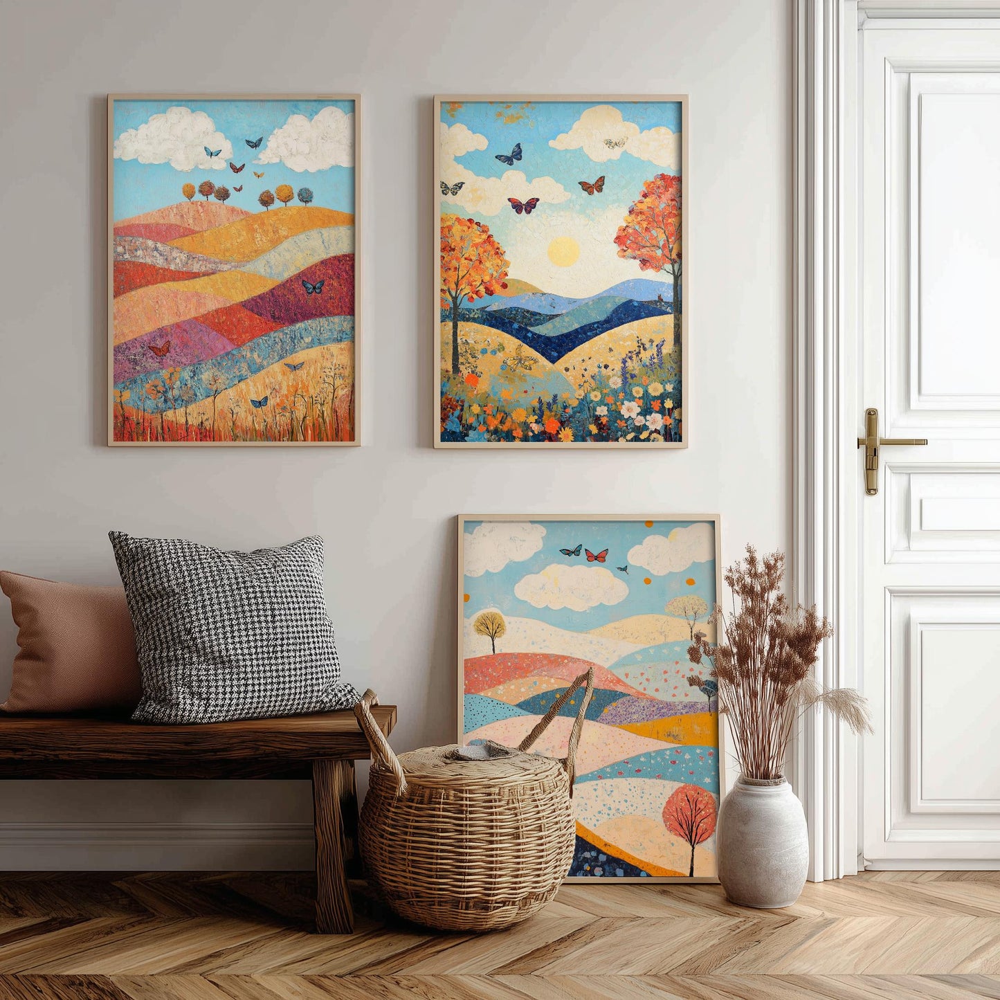 Rolling Hills Butterfly Set of Three Art Prints - Sangria Azure and Cream - Folk Meadow Poster Illustration Gift