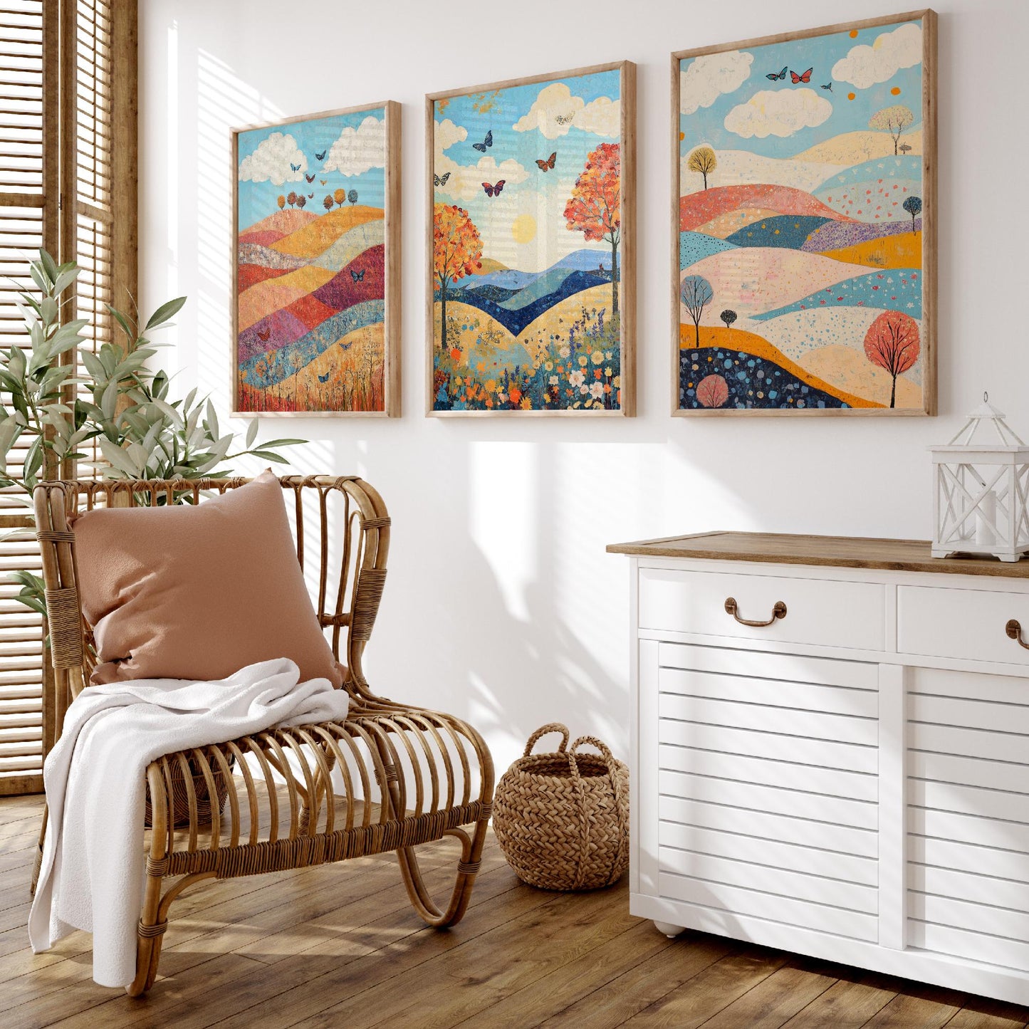 Rolling Hills Butterfly Set of Three Art Prints - Sangria Azure and Cream - Folk Meadow Poster Illustration Gift