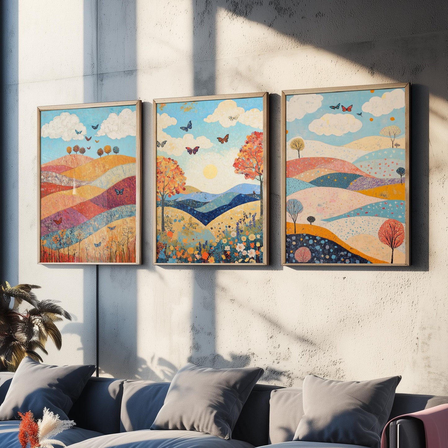 Rolling Hills Butterfly Set of Three Art Prints - Sangria Azure and Cream - Folk Meadow Poster Illustration Gift