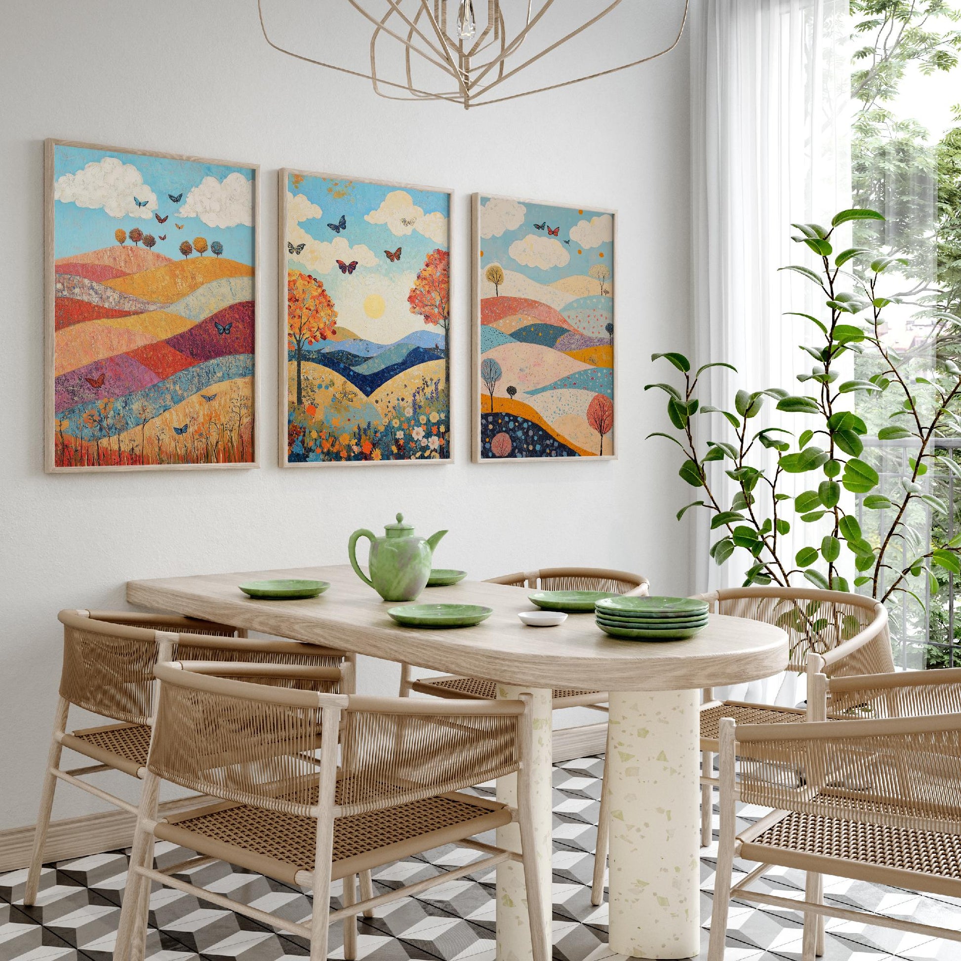 Rolling Hills Butterfly Set of Three Art Prints - Sangria Azure and Cream - Folk Meadow Poster Illustration Gift