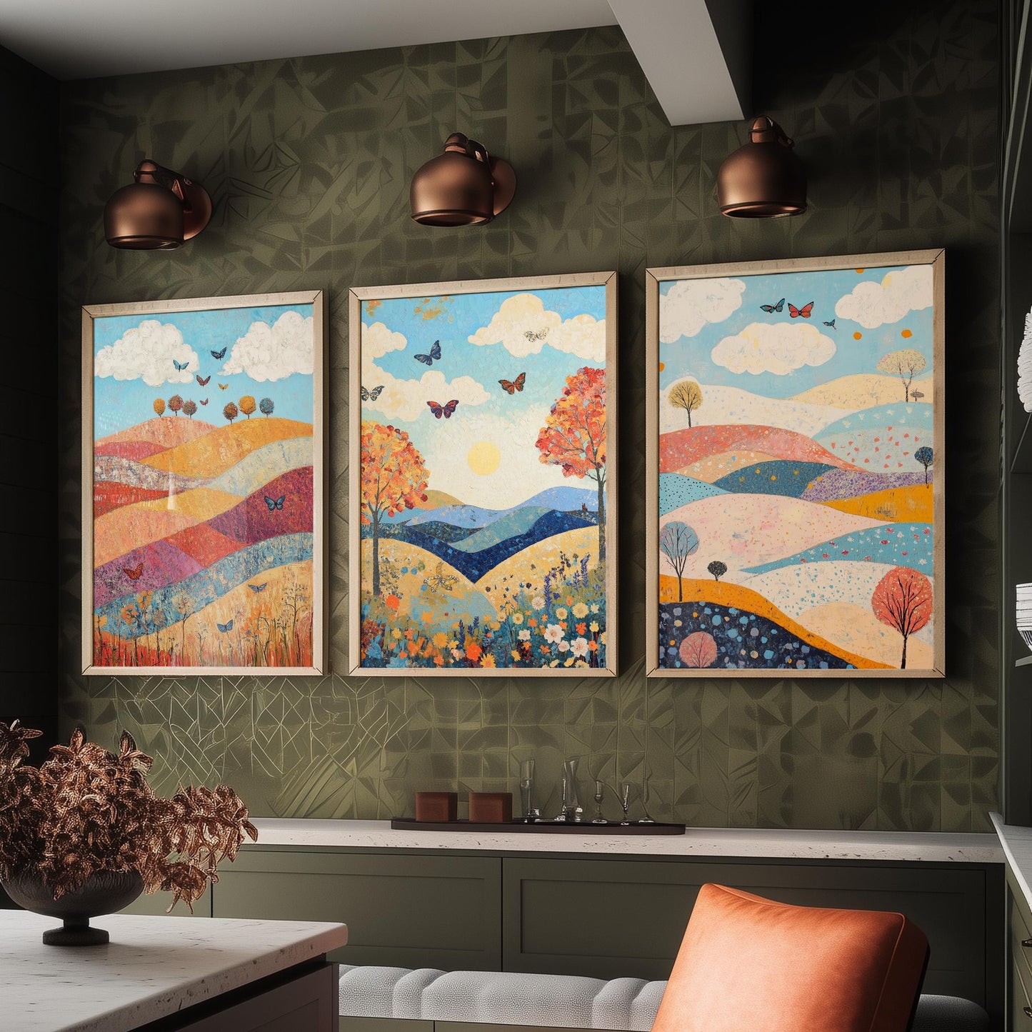 Rolling Hills Butterfly Set of Three Art Prints - Sangria Azure and Cream - Folk Meadow Poster Illustration Gift