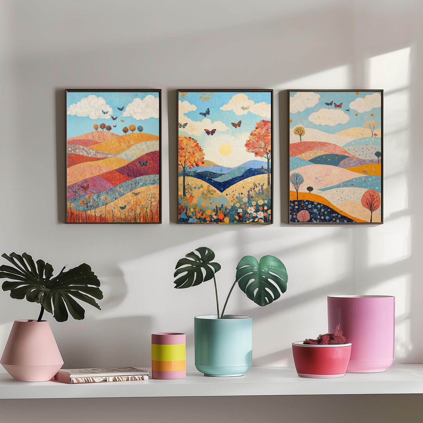 Rolling Hills Butterfly Set of Three Art Prints - Sangria Azure and Cream - Folk Meadow Poster Illustration Gift