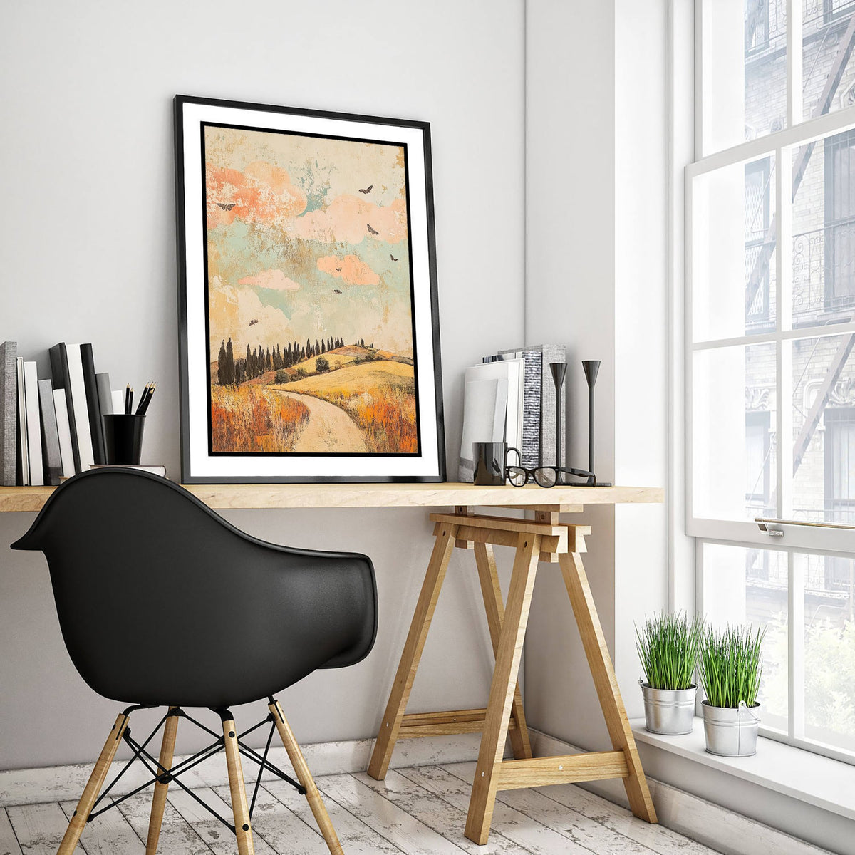 Rolling Hills Landscape Art Print - Butterfly Meadow Poster - Folk Art Painting - Sorbet Sepia and Quartz 1/3