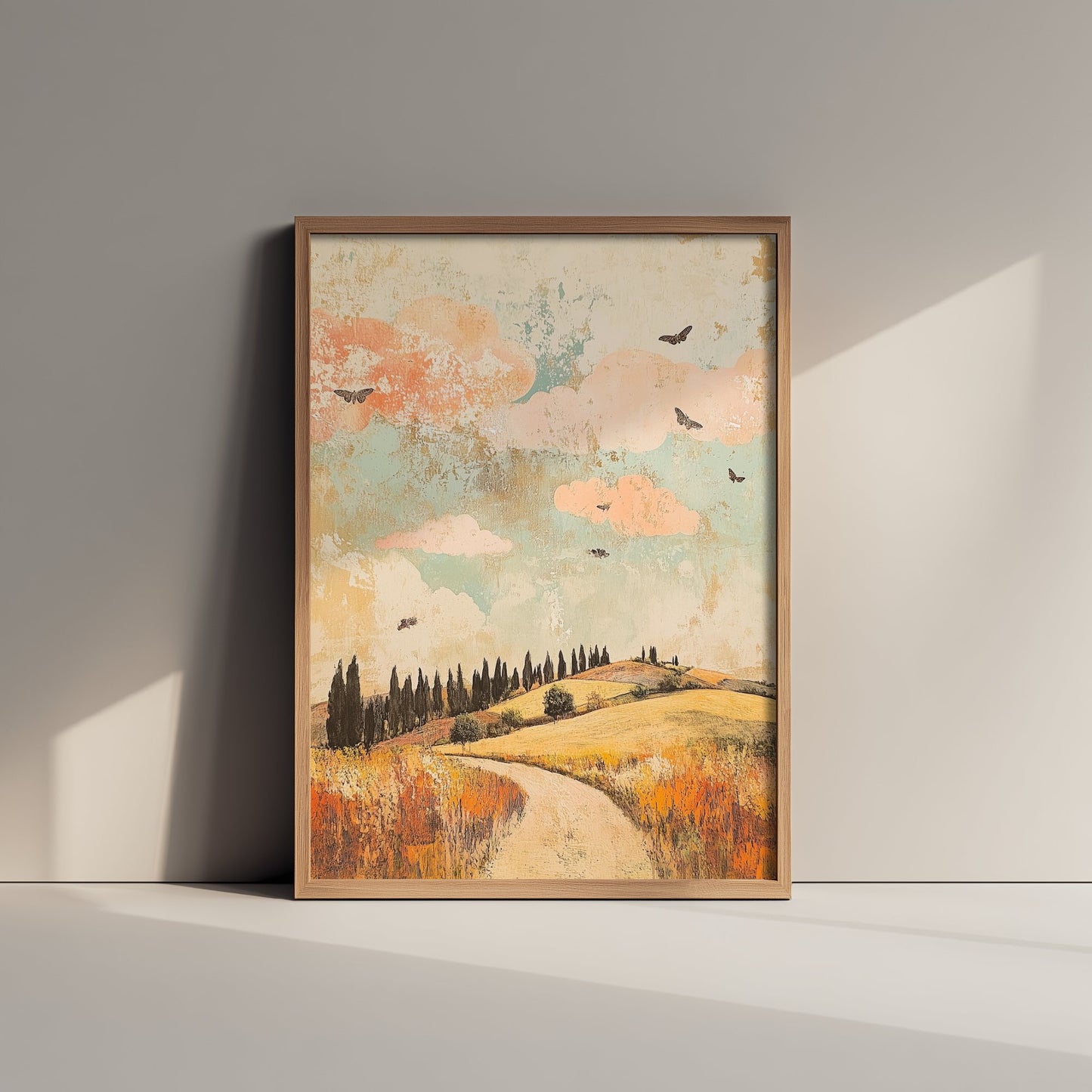 Rolling Hills Landscape Art Print - Butterfly Meadow Poster - Folk Art Painting - Sorbet Sepia and Quartz 1/3