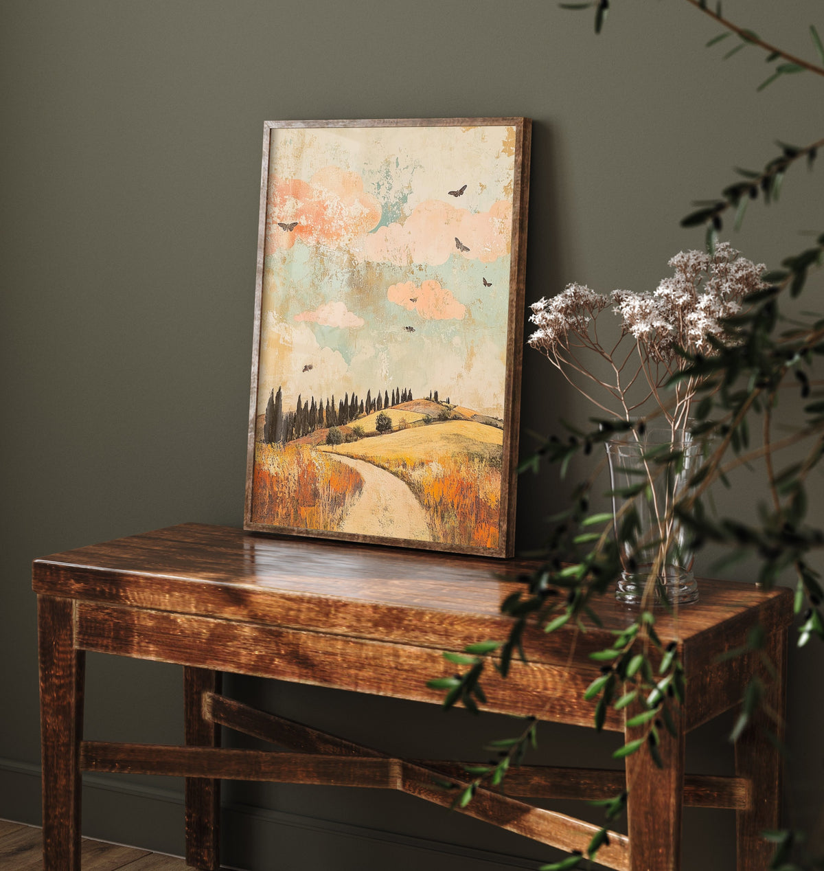 Rolling Hills Landscape Art Print - Butterfly Meadow Poster - Folk Art Painting - Sorbet Sepia and Quartz 1/3