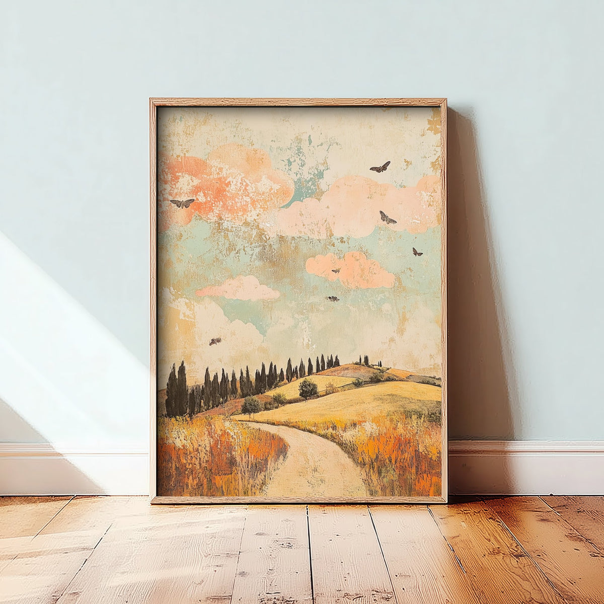 Rolling Hills Landscape Art Print - Butterfly Meadow Poster - Folk Art Painting - Sorbet Sepia and Quartz 1/3