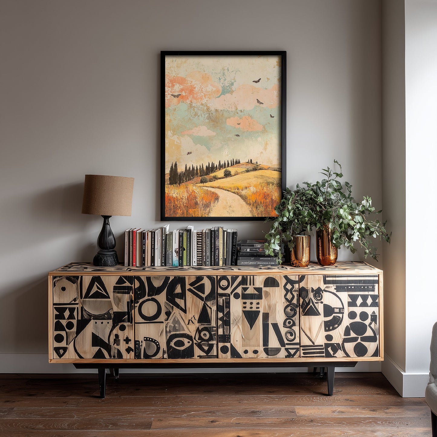 Rolling Hills Landscape Art Print - Butterfly Meadow Poster - Folk Art Painting - Sorbet Sepia and Quartz 1/3