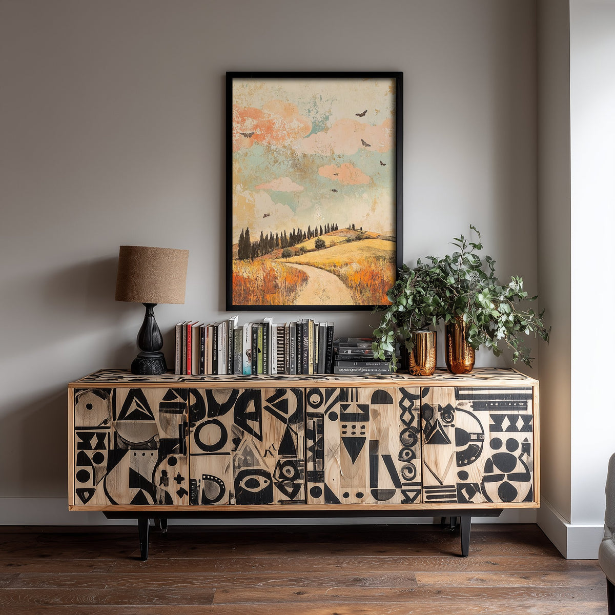 Rolling Hills Landscape Art Print - Butterfly Meadow Poster - Folk Art Painting - Sorbet Sepia and Quartz 1/3