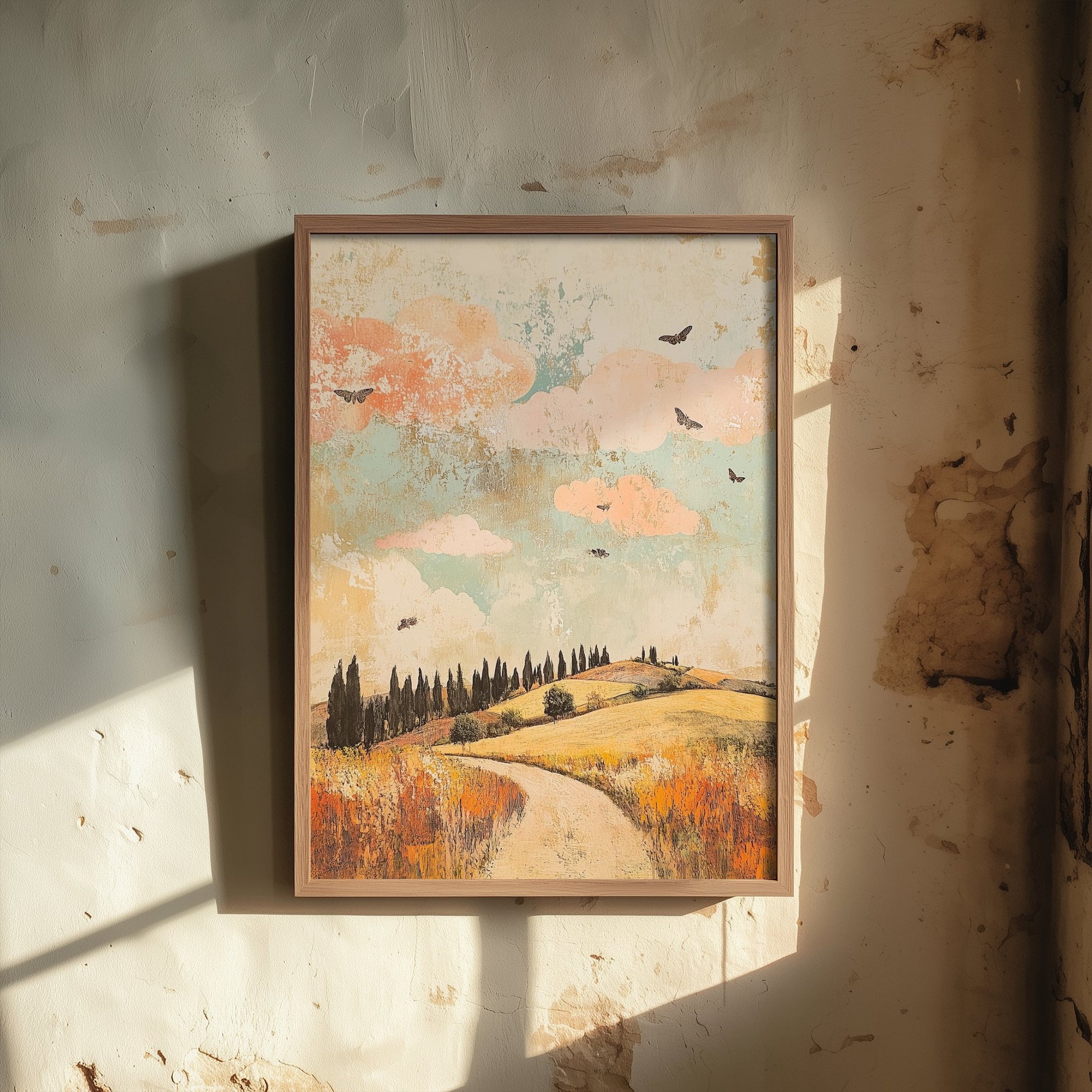 Rolling Hills Landscape Art Print - Butterfly Meadow Poster - Folk Art Painting - Sorbet Sepia and Quartz 1/3