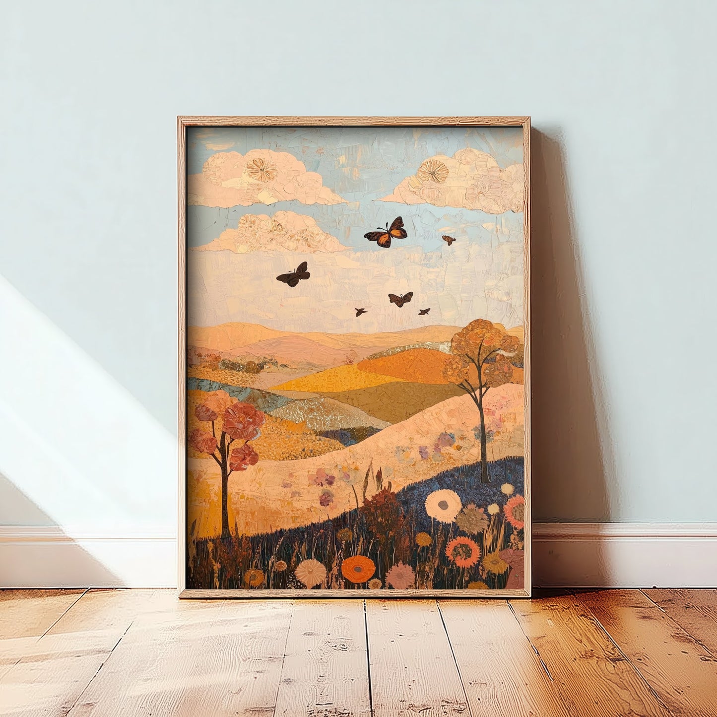 Rolling Hills Landscape Art Print - Butterfly Meadow Poster - Folk Art Painting - Sorbet Sepia and Quartz 2/3