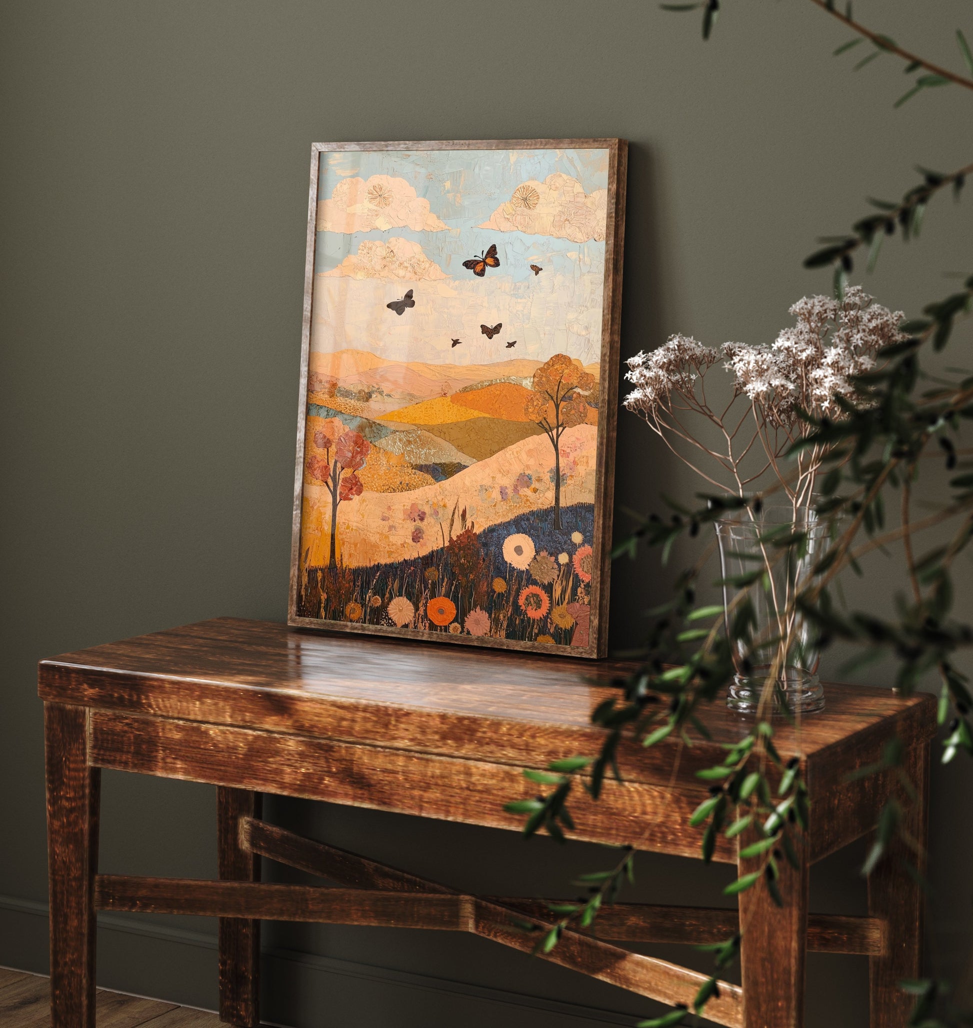 Rolling Hills Landscape Art Print - Butterfly Meadow Poster - Folk Art Painting - Sorbet Sepia and Quartz 2/3