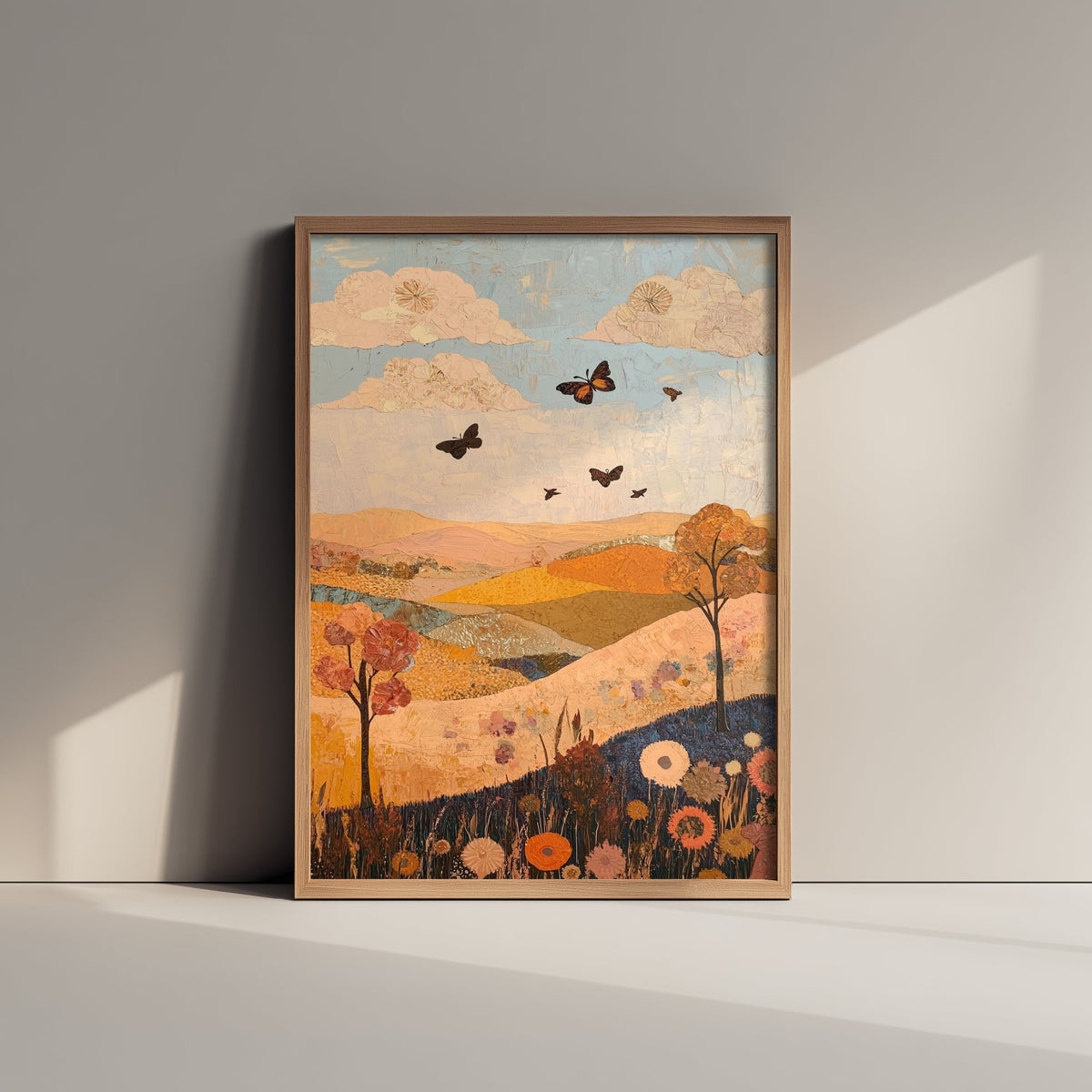 Rolling Hills Landscape Art Print - Butterfly Meadow Poster - Folk Art Painting - Sorbet Sepia and Quartz 2/3