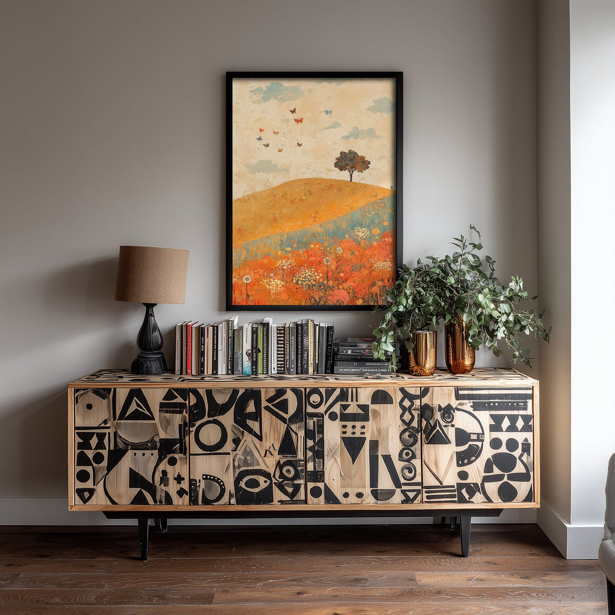 Rolling Hills Landscape Art Print - Butterfly Meadow Poster - Folk Art Painting - Sorbet Sepia and Quartz 3/3