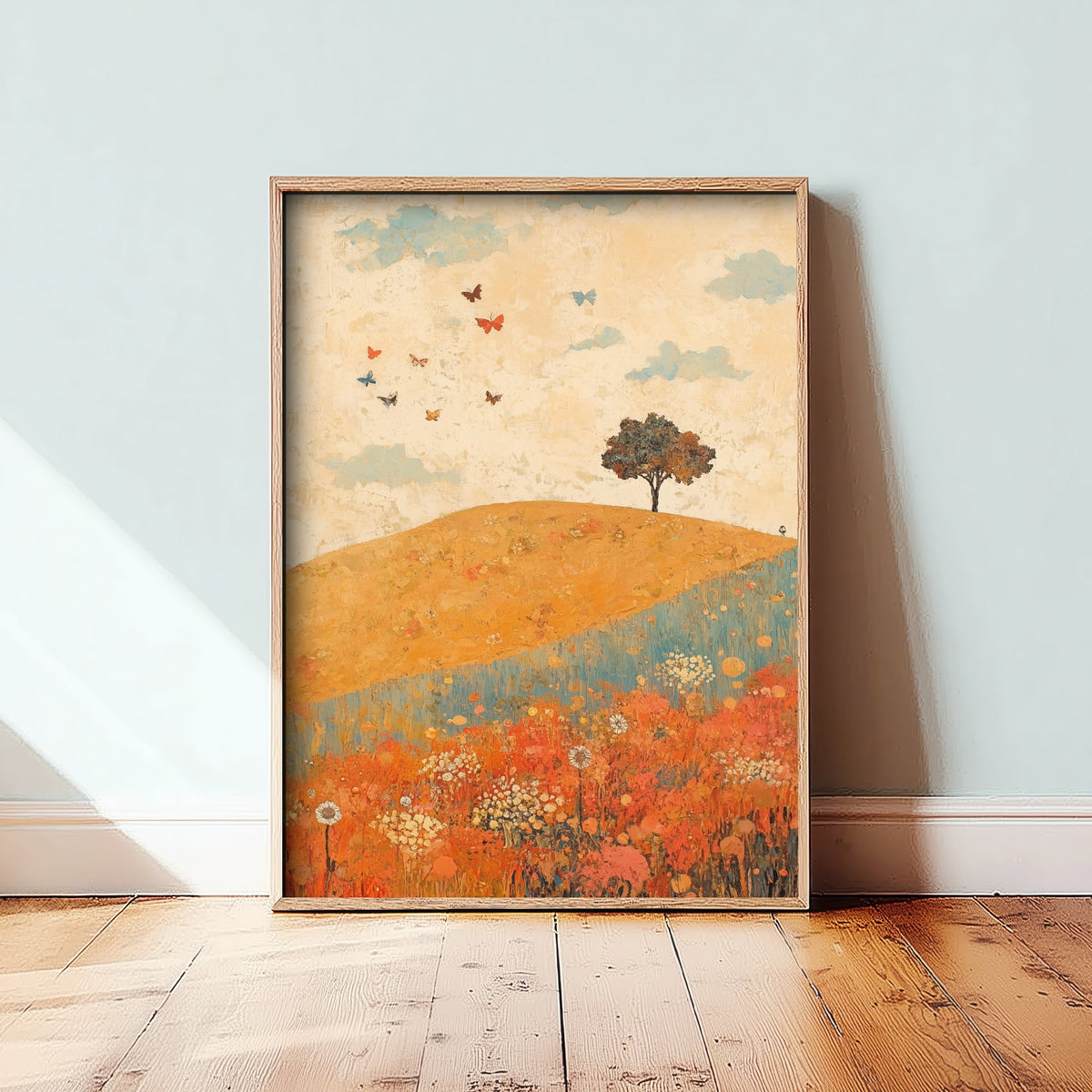 Rolling Hills Landscape Art Print - Butterfly Meadow Poster - Folk Art Painting - Sorbet Sepia and Quartz 3/3