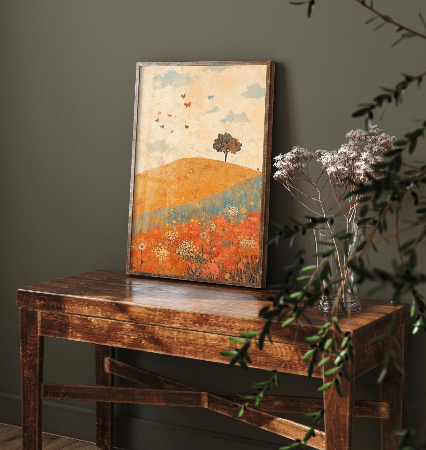 Rolling Hills Landscape Art Print - Butterfly Meadow Poster - Folk Art Painting - Sorbet Sepia and Quartz 3/3