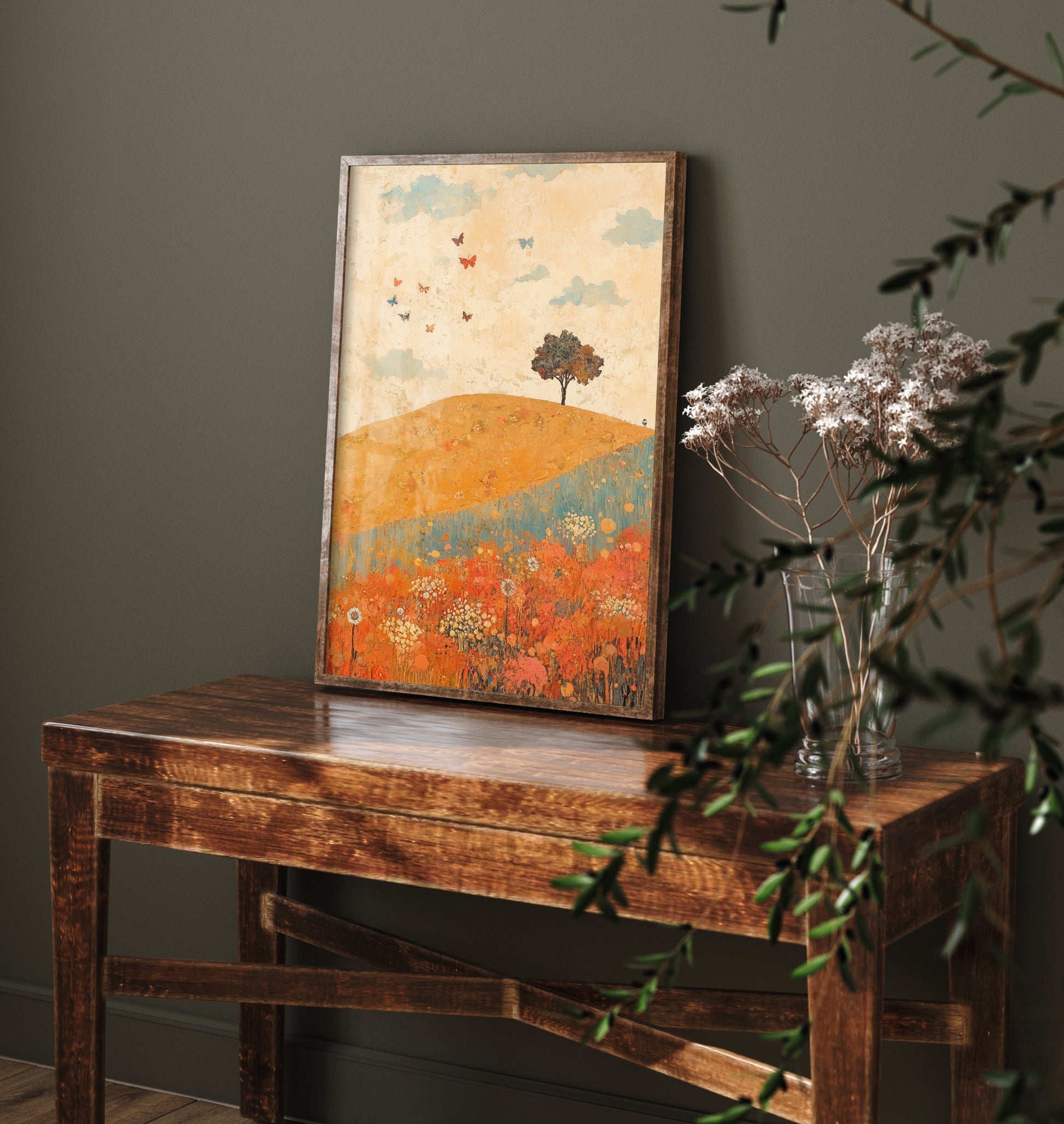 Rolling Hills Landscape Art Print - Butterfly Meadow Poster - Folk Art Painting - Sorbet Sepia and Quartz 3/3