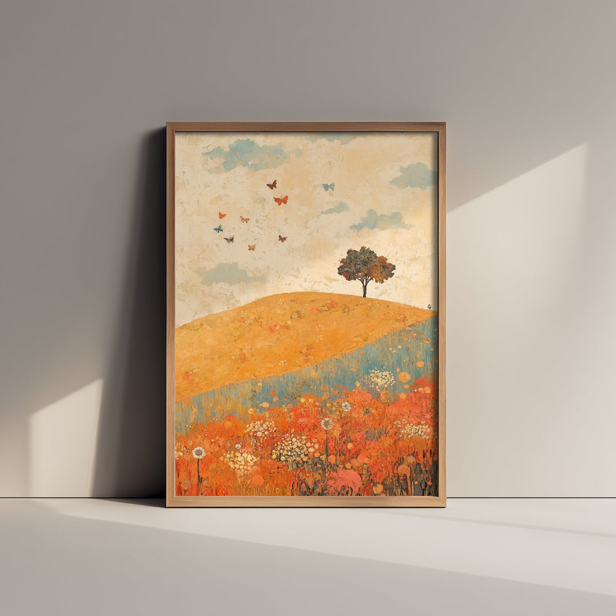 Rolling Hills Landscape Art Print - Butterfly Meadow Poster - Folk Art Painting - Sorbet Sepia and Quartz 3/3