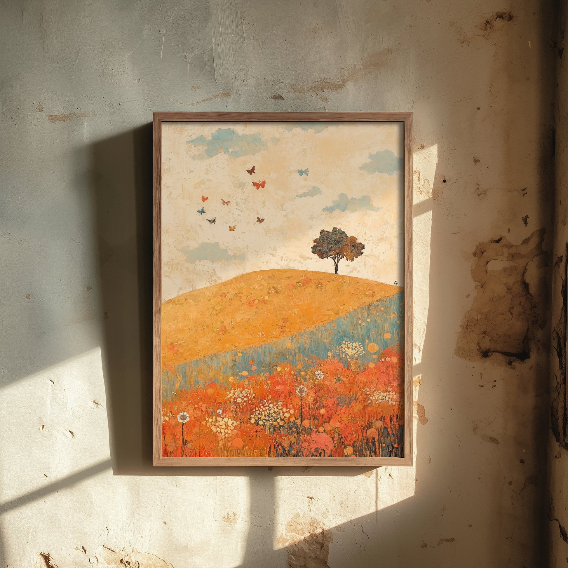 Rolling Hills Landscape Art Print - Butterfly Meadow Poster - Folk Art Painting - Sorbet Sepia and Quartz 3/3