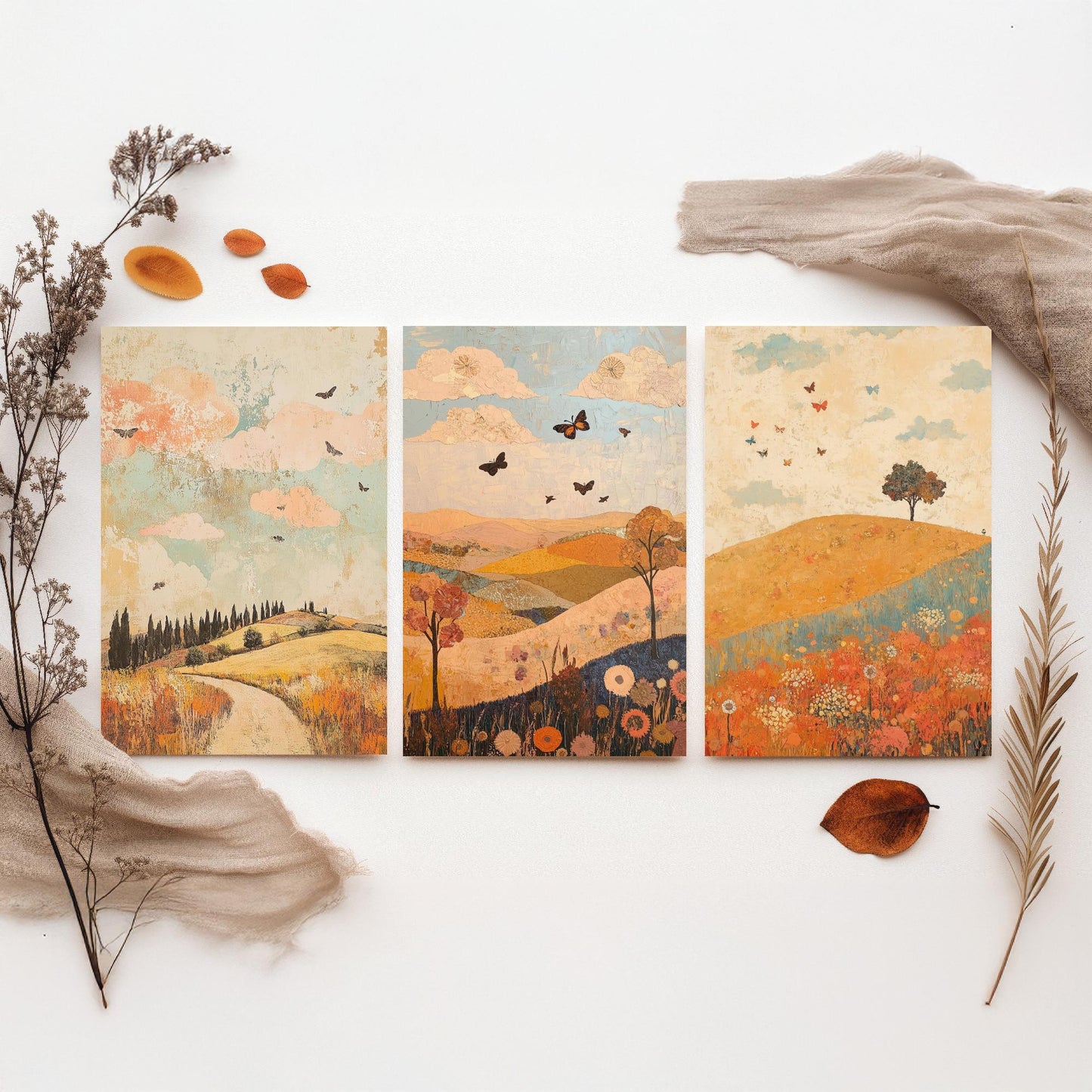 Rolling Hills Butterfly Set of Three Art Prints - Sorbet Sepia and Quartz - Folk Meadow Poster Illustration Gift