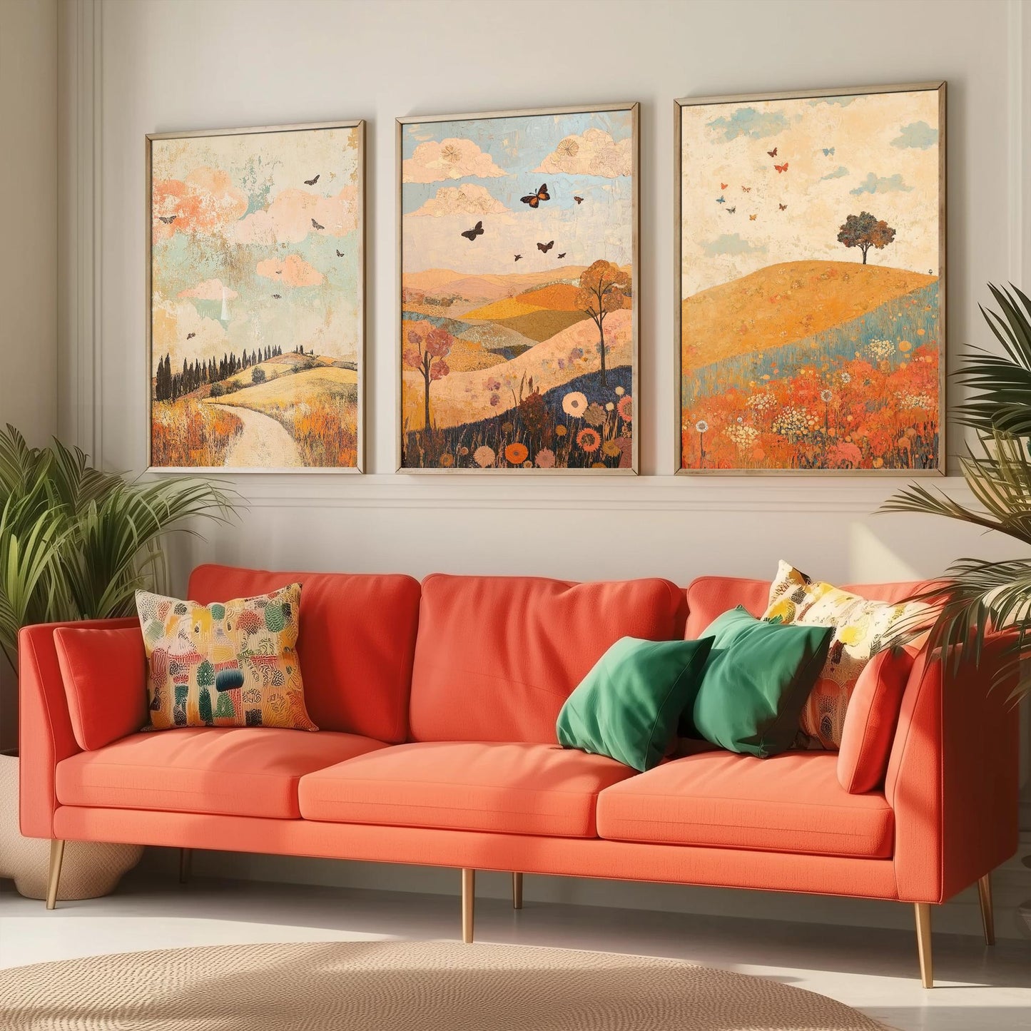 Rolling Hills Butterfly Set of Three Art Prints - Sorbet Sepia and Quartz - Folk Meadow Poster Illustration Gift
