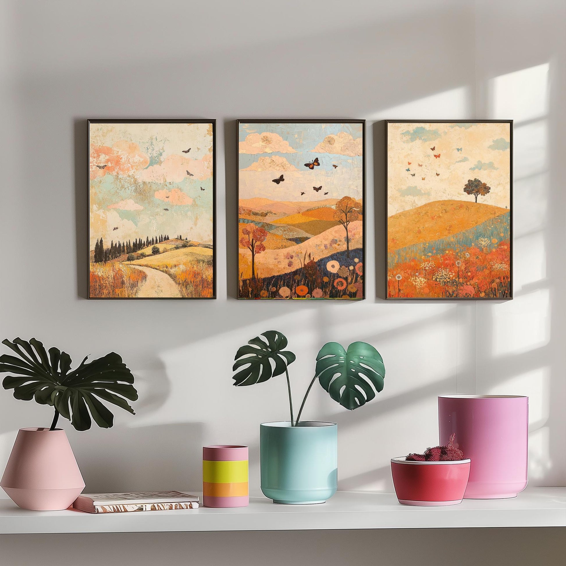 Rolling Hills Butterfly Set of Three Art Prints - Sorbet Sepia and Quartz - Folk Meadow Poster Illustration Gift